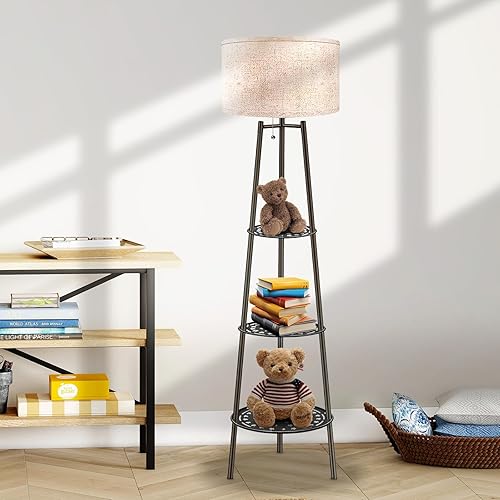 Miniatura 4 de Lámpara de pie de bronce con estantes para sala de estar, lámpara de pie, lámpara alta, Amparas Elegantes para Sala con pantalla de lino, lámpara de