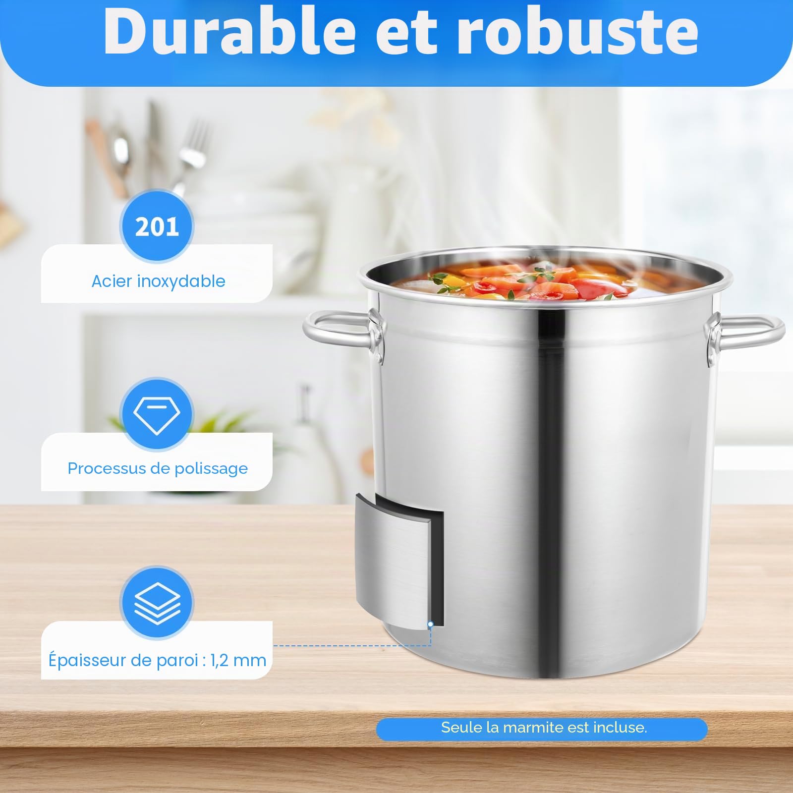 Marmite Traiteur en Acier Inoxydable 35L, Marmite Traiteur avec Couvercle, Trou Vapeur, Poignées Métal - Tous Feux dont Induction - Triple Fond Diffuseur, Argenté Epaisseur 3cm