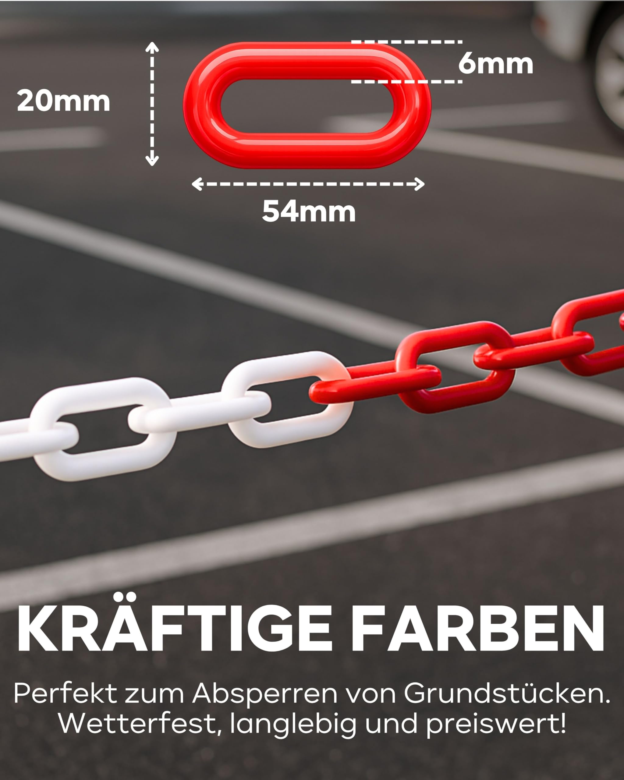 Chaîne de délimitation en plastique rouge et blanc - Résistant aux UV et aux intempéries - Avec 4 crochets en S, 1 mousqueton et mousqueton à vis - Chaîne de barrière en plastique de 25 m pour