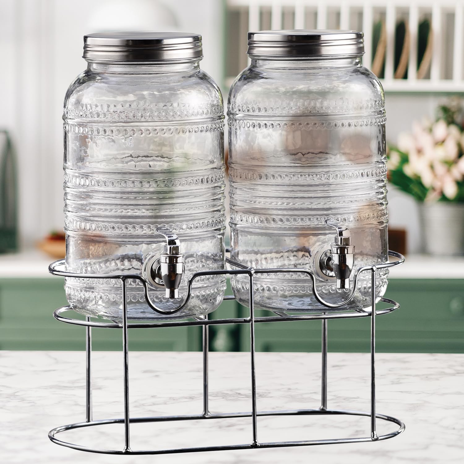 Style Setter Liam Elegant Clear 1 Gallon Glass & Metal Gravity Beverage Dispenser with Stand (Set of 2), Party Drink Dispenser for Sweet Tea Lemonade Punch Water, Juice Dispensers for Parties