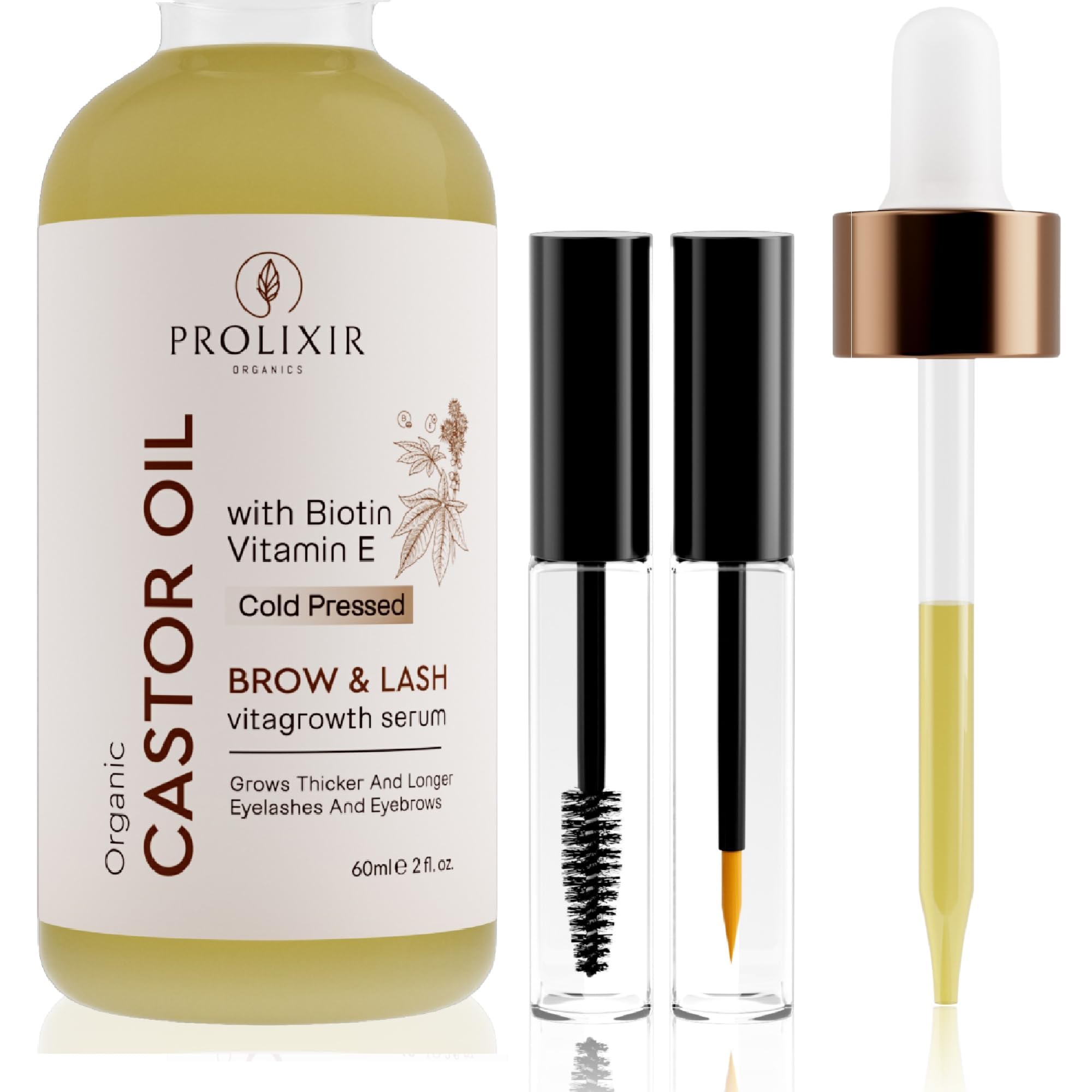 PROLIXIR Organic Castor Oil 60mls with Biotin & Vitamin E, Growth Serum for Eyebrows Eyelashes, Hair, Nails & Skin