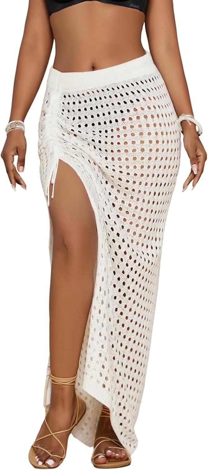Bsubseach Womens Crochet Cover Up Skirt 2025 Knit Drawstring Long Coverups for Swimwear Elastic Waist Beach Wrap