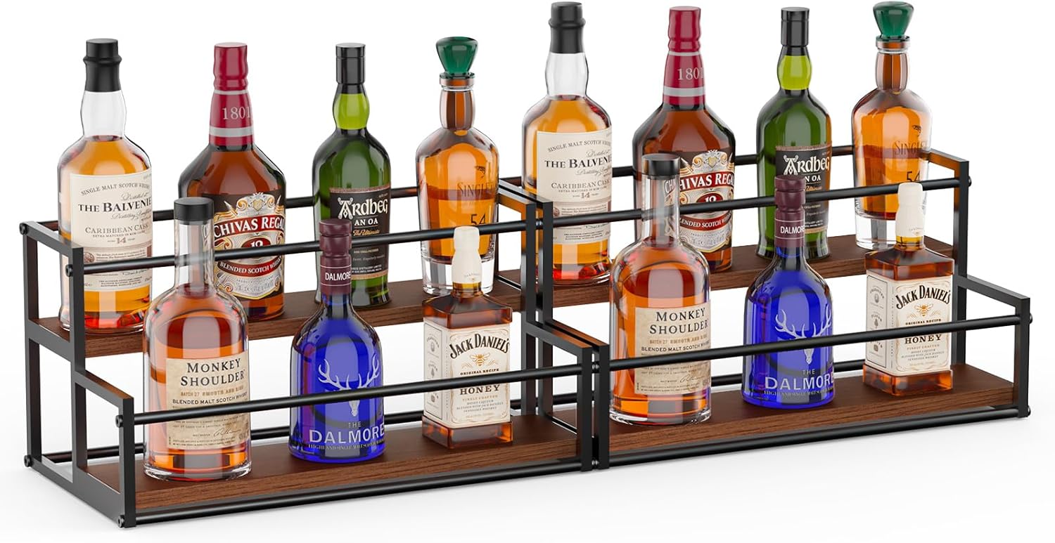 THYGIFTREE 2 Pack Liquor Bottle Display Shelf, 2 Tier Bar Shelf Stand, Countertop Liquor Rack Organizer for Home Bar Kitchen Whiskey Display