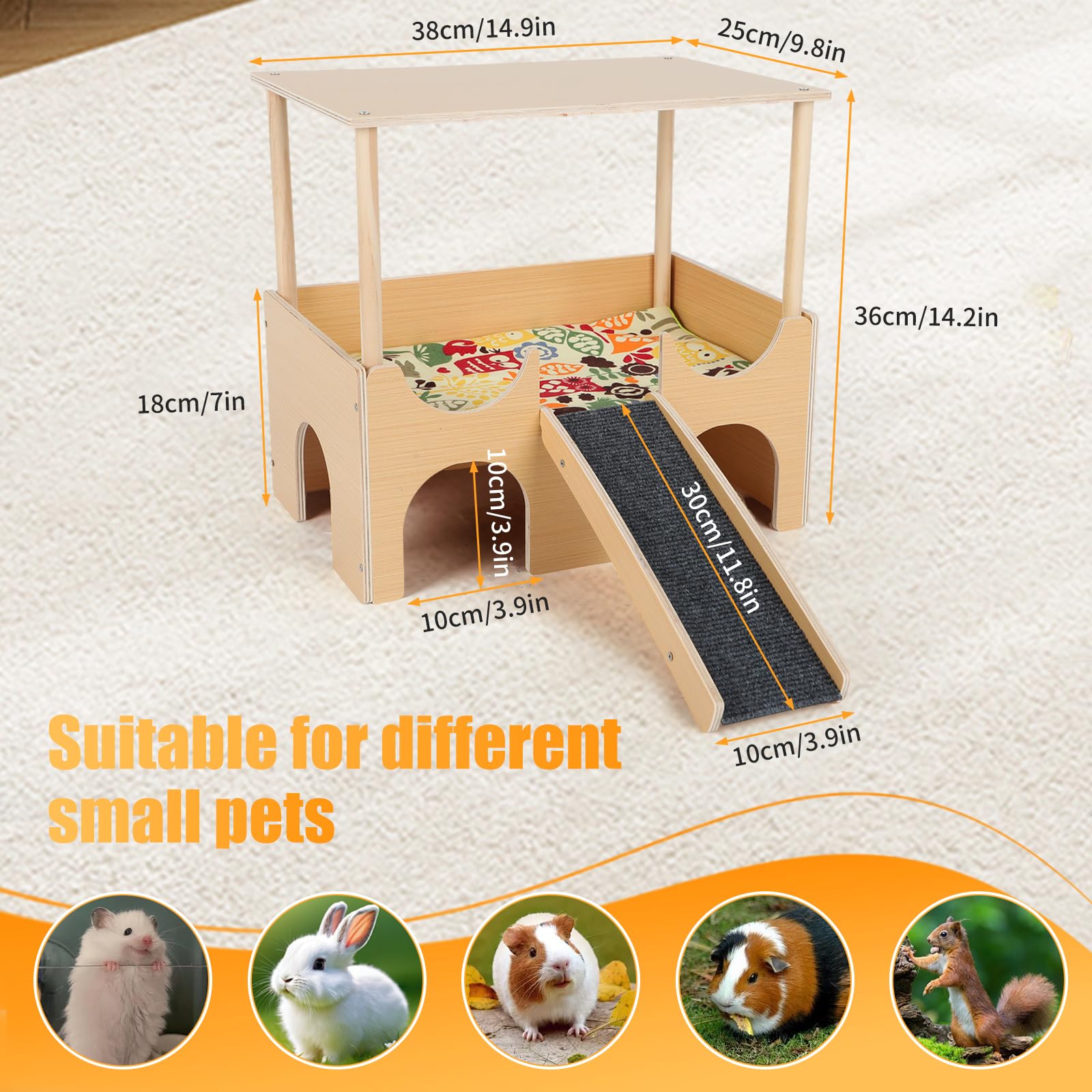 Meerschweinchen Haus, Holz Meerschweinchenbett mit 4 Höhlen&Rampe, Groß Hamster Schloss Versteck mit Antirutschmatte, Treppe und Matten, für Chinchilla Zwergkaninchen Eichhörnchen Igel (Doppelschicht)