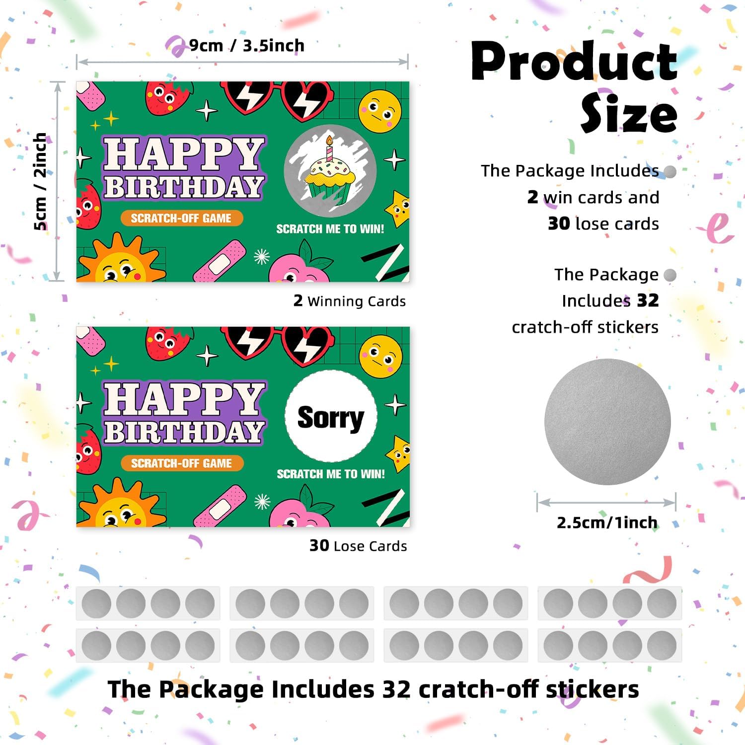 Happy Birthday Day Funny Party Game Scratch Off Cards 32Pcs, Colorful Holiday Event Raffle Tickets, Lottery Game for Group Activity, Birthday Party Supplies Game Card Baby Shower Wedding