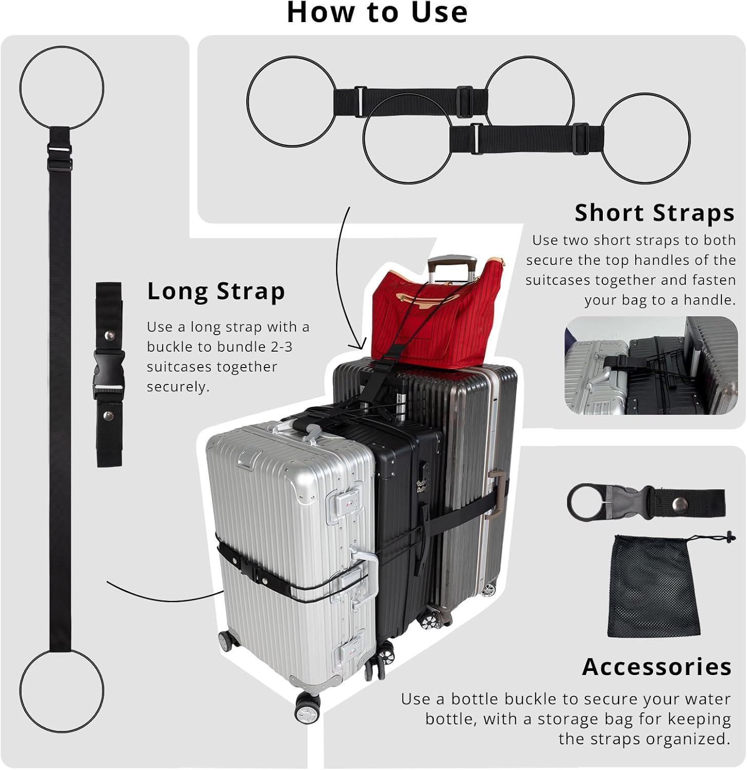 Adjustable Luggage Straps for Suitcases 3PCS Connect Suitcases | Connect up to 3 suitcases and carry-on with elastic rope, sturdy 600D polyester straps with a buckle a bottle clip a net bag