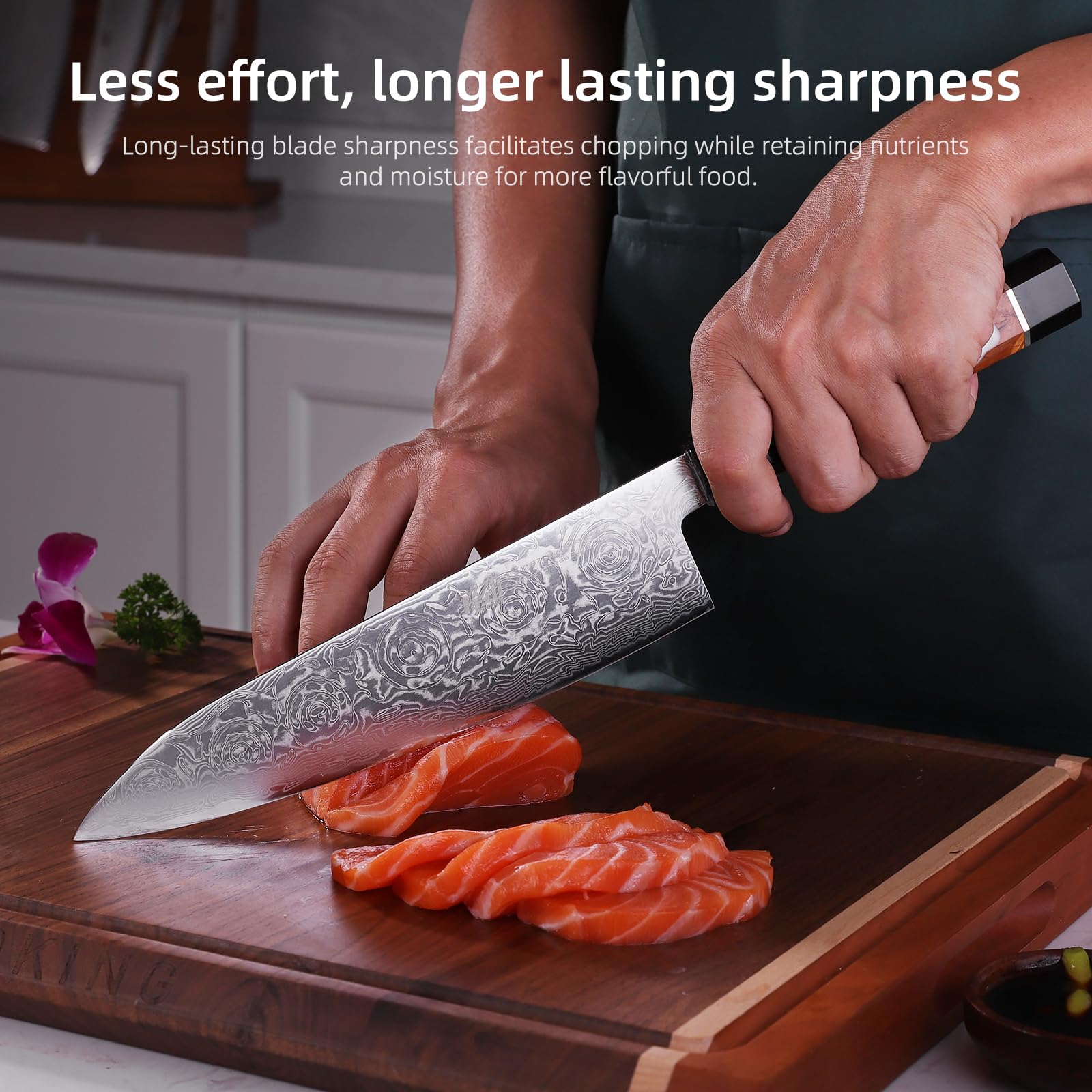 FINDKING 8 Inch Japanese Professional Chef Knife, Damascus Kitchen Blade for Sharp, Sturdy Cuts & Daily Cooking (BLACK-ROSE Series) — Amazon image 5