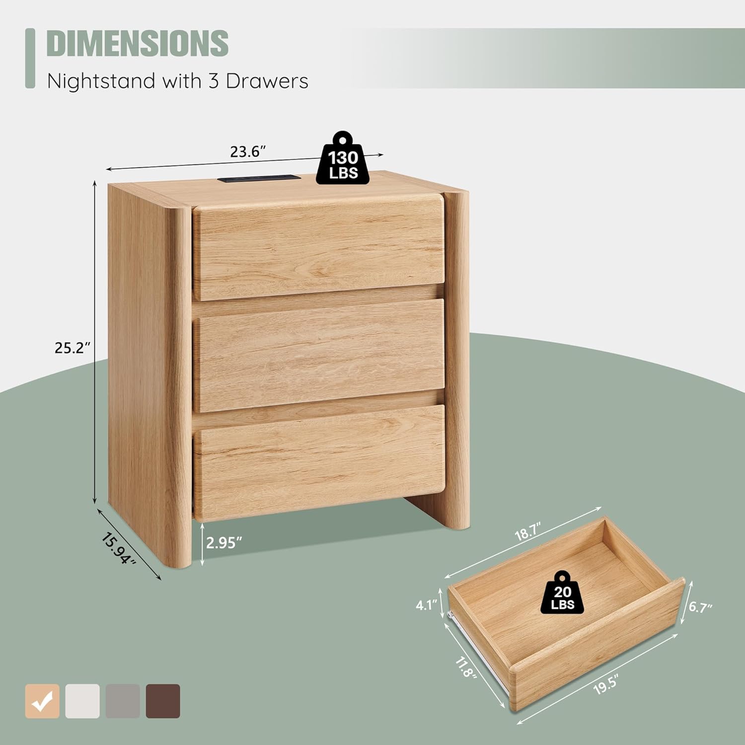 25" Tall Modern Nightstand with Charging Station, 23.6" W Nightstand with 3 Storage Drawers & Open Shelf, Wood Night Stand w/Rounded Corner Design for Bedroom (Natural) - Image 2