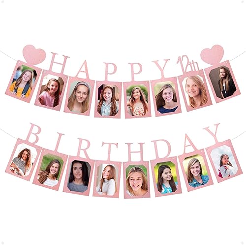 Decoraciones y suministros de feliz cumpleaños número 12 para niñas, pancarta de fotos de cumpleaños de oro rosa para mujeres