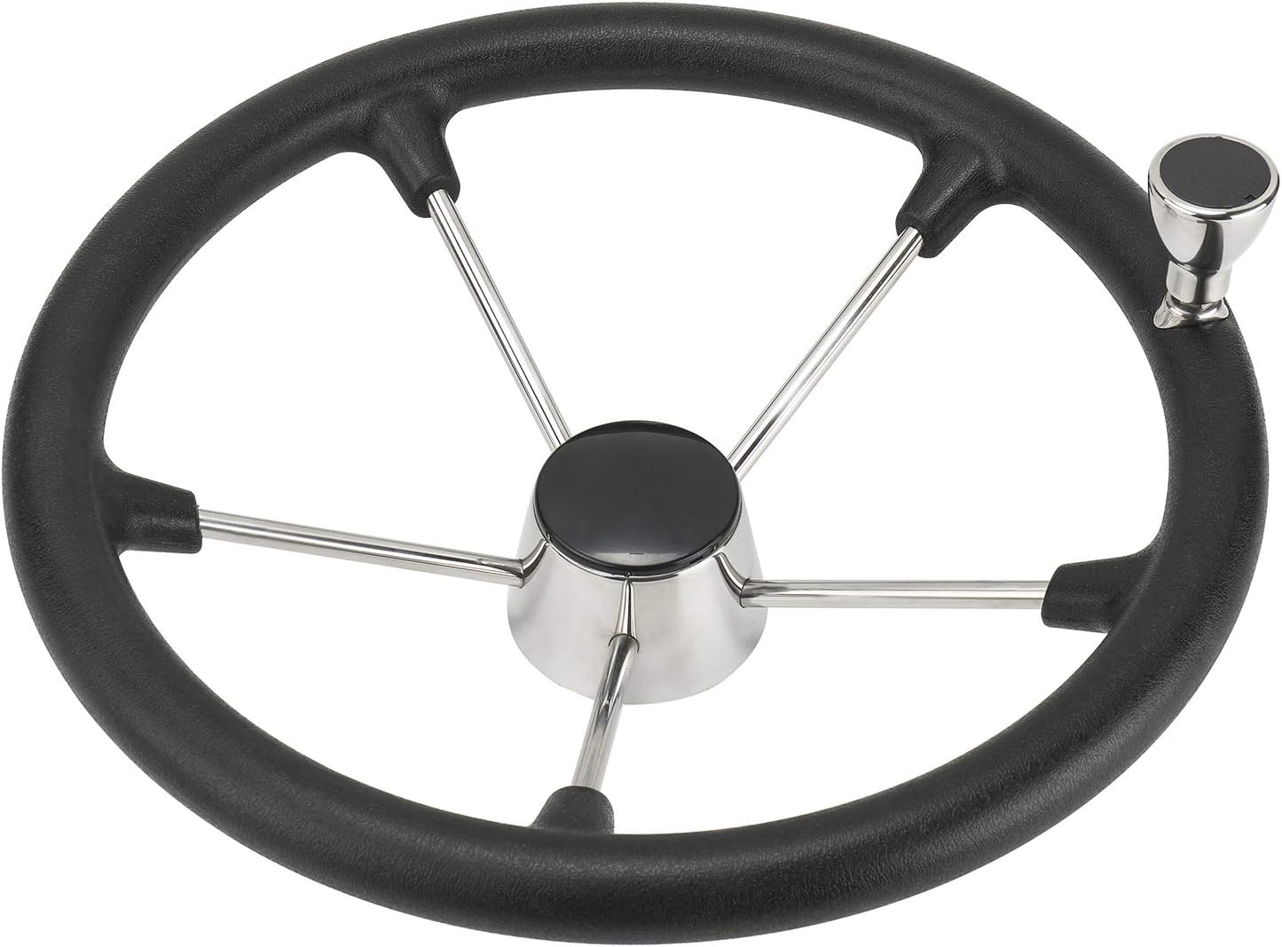NovelBee 15-1/2 Inch Stainless Steel 5 Spoke Boat Marine Destroyer Steering Wheel with Black PU Foam (With Knob)