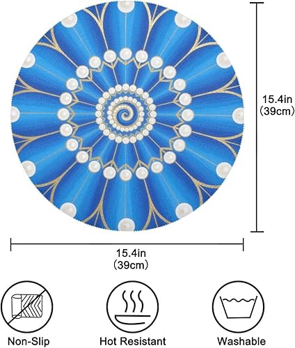Miniatura 4 de Juego de 6 manteles individuales redondos de ratán azul con patrón de mariposa, manteles individuales impermeables para mesa de 15.4 x 15.4 pulgadas