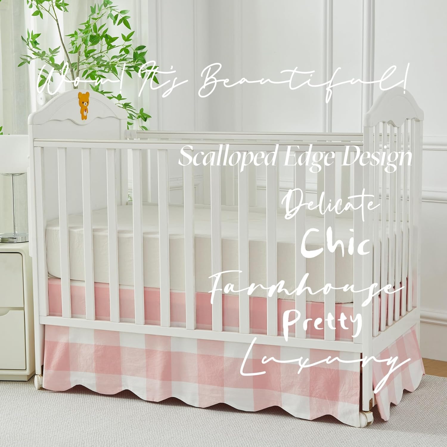 Brandream Scallop Edge Cotton Crib Skirt, Baby Boy Girl Gender Neutral Crib Skirt Toddler Bedskirt Farmhouse Chic Nursery Crib Bed Skirt, Boho Bohemian Light Pink Plaid Gingham