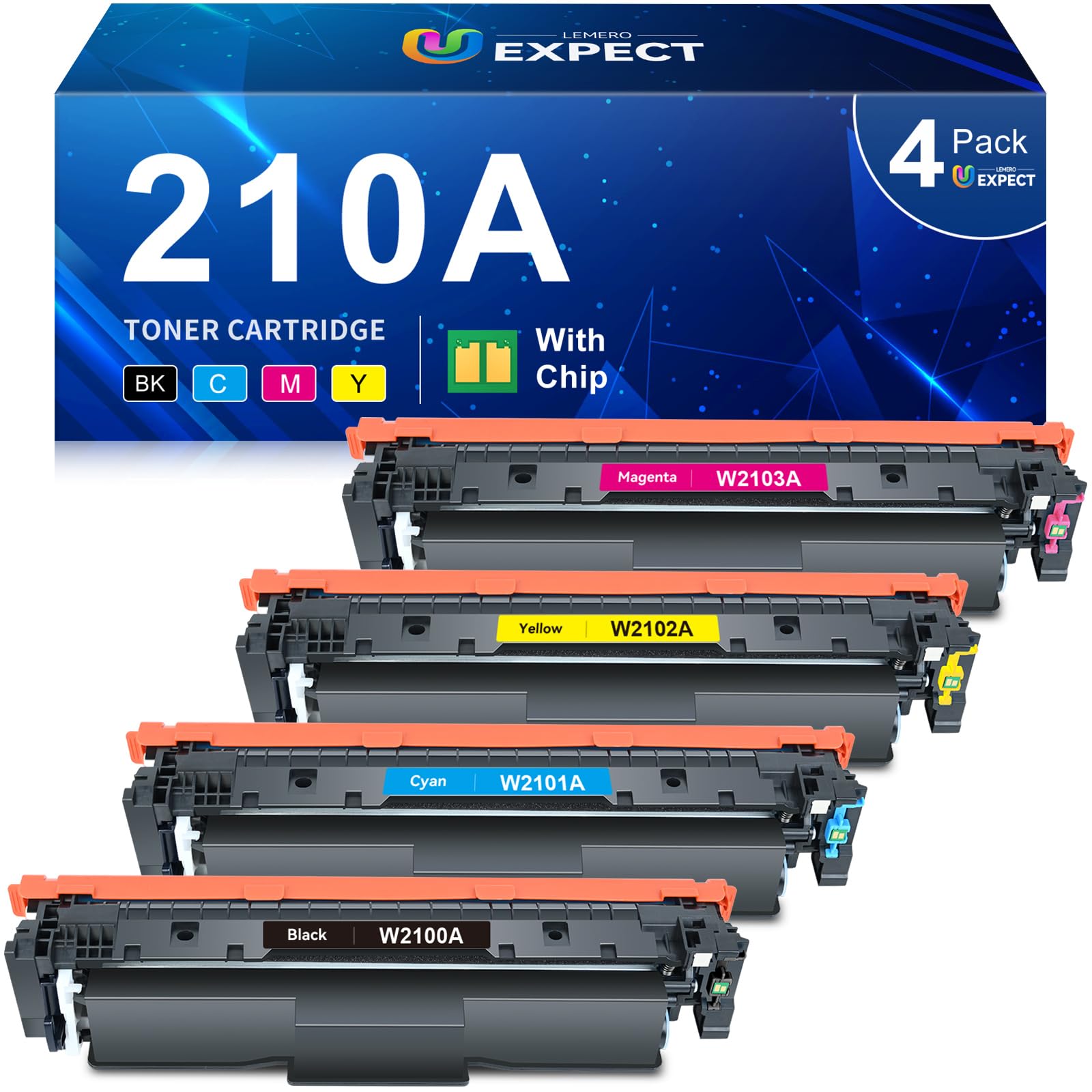 LEMERO UEXPECT Compatible Replacement for HP 210A Toner Cartridge 4 Pack with Chip 210A 210X W2100A W2100X for Color Laserjet Pro MFP 4301fdw 4301fdn