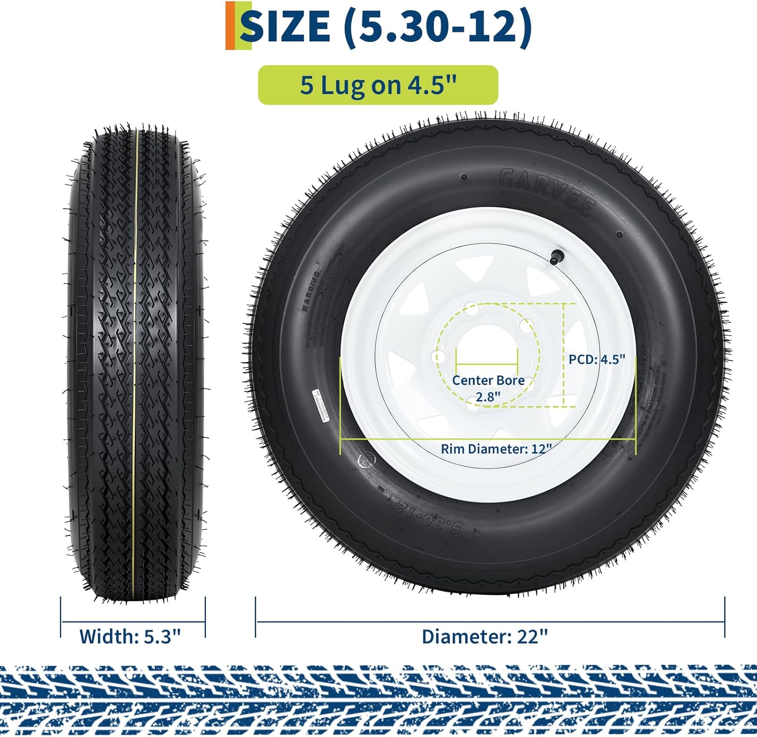 GarveeTech 5.30-12 530-12 530X12 Trailer Tire and Wheel Assembly, Heavy-Duty Load Range C 6PR, 5 Lug White Spoke Wheel, 12 Inch Tires for Utility/Boat/Camper Trailers, Set of 2