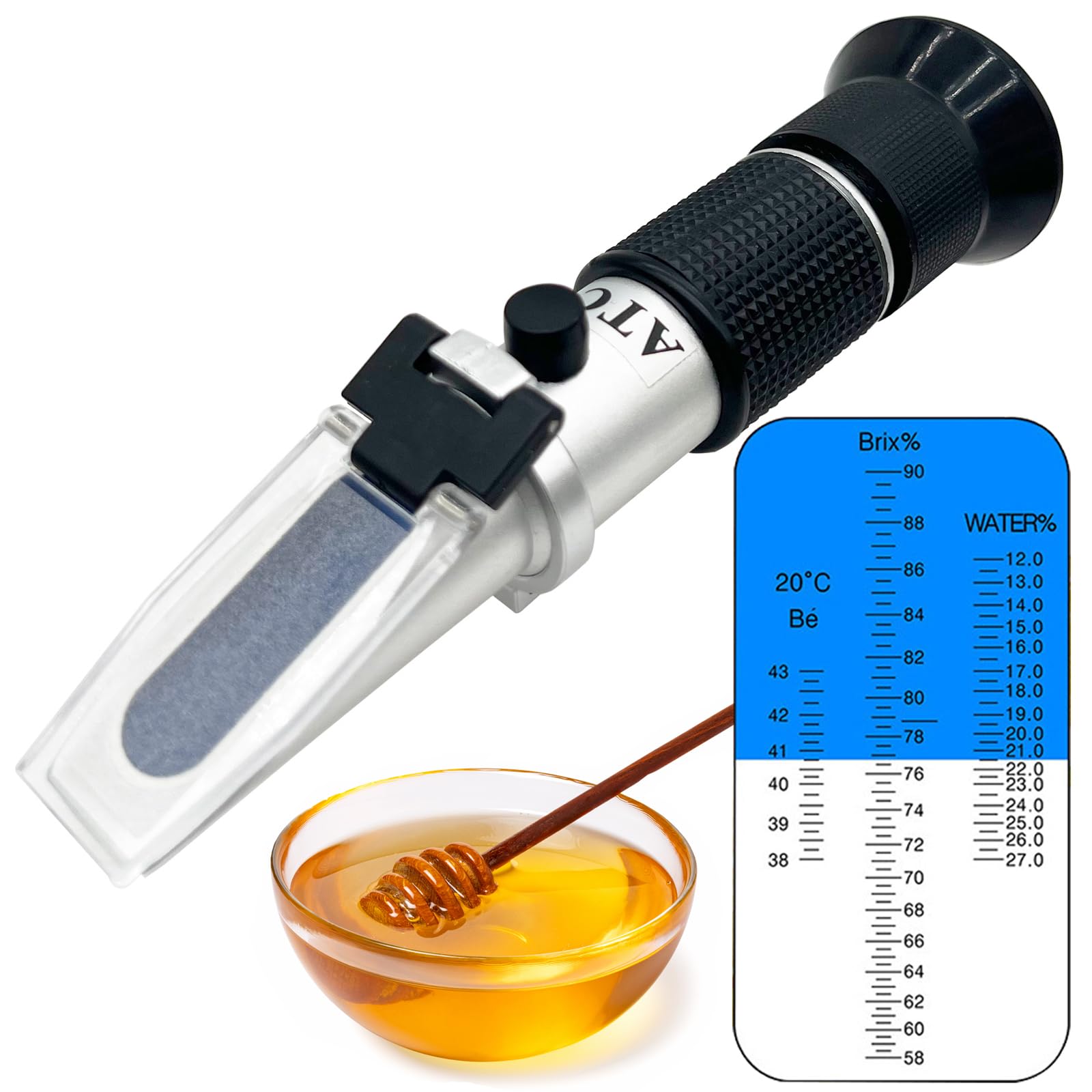 Honey Refracometer for Honey 12~27% Moisture, 58~90% Brix and 38~43 Baume, 3-in-1 Honey Moisture Tester with ATC Refractometer for Honey Maple Syrup, Molasses and Bee Keeping Supplies-image-19