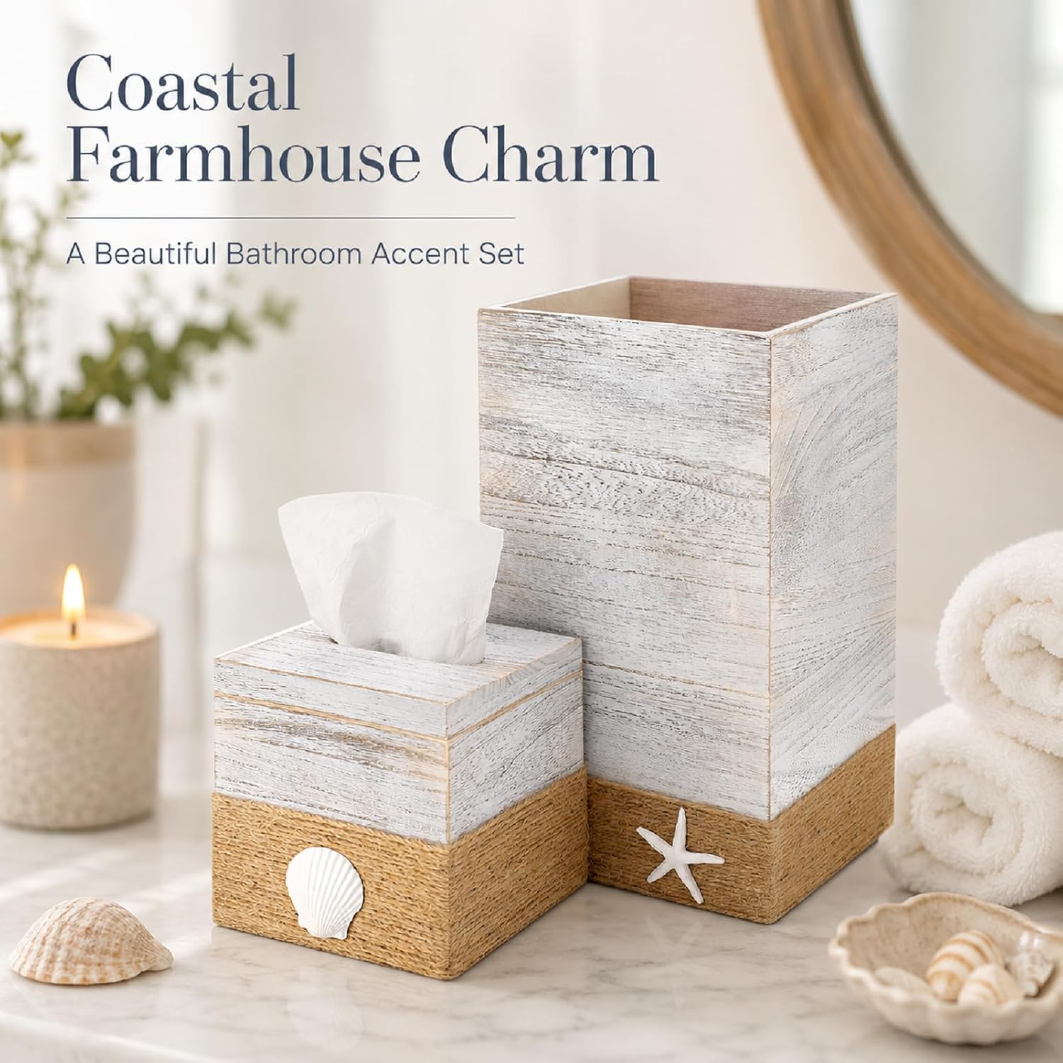 Novabright 2 Pcs Coastal Tissue Box Cover and Trash Can Set, Rustic Wood Beach Starfish Seashell Trash Can 10L & Square Tissue Holder, Farmhouse Nautical Decor for Kitchen Bathroom Bedroom Home Office