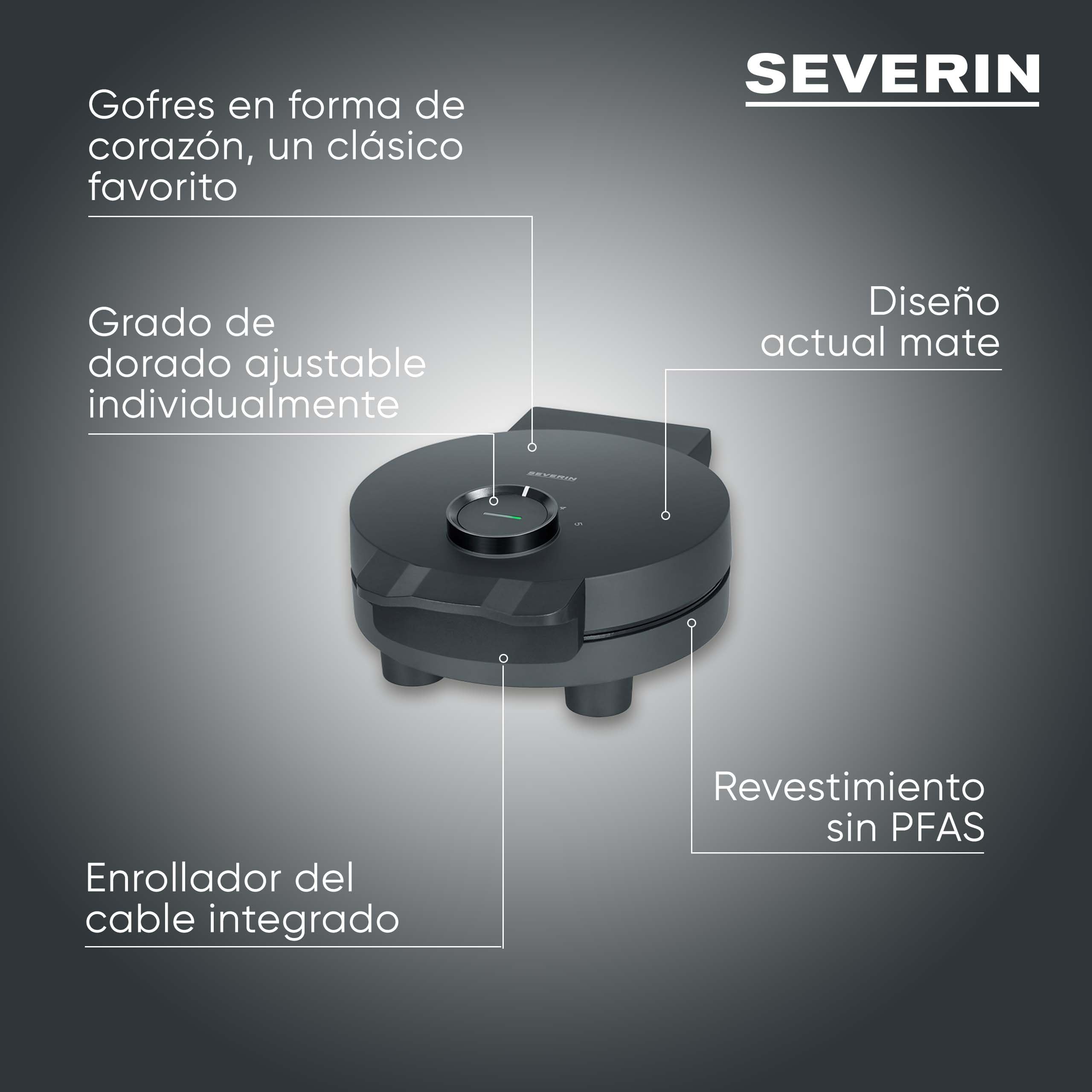SEVERIN Gofrera Black Line, gofres con forma de corazón, revestimiento libre de PFAS, luz indicadora, práctico enrollador para el cable, 1000 W, negro/acero inoxidable, WA 2117