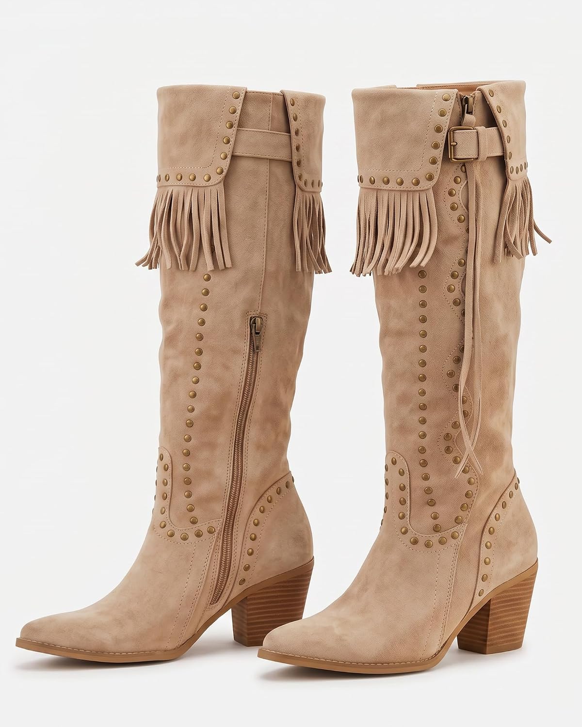 Women’s Fringe Knee-High Cowboy Boots, Western Suede Tall Boots with Studded Details, Side Zipper Low Block Heel Riding Boots for Casual & Festival Wear