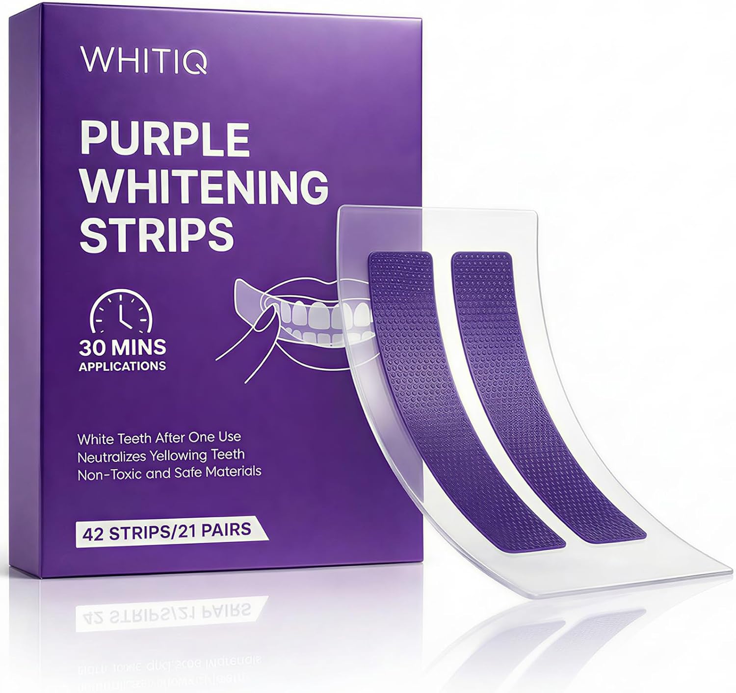 WHITIQ Purple Strips, Teeth Whitening Strips, White Strips for Tooth Stain Remover, Strengthen Enamel, Fresh Breath, Peroxide-Free, Low-Sensitivity, 21 Pairs (1)