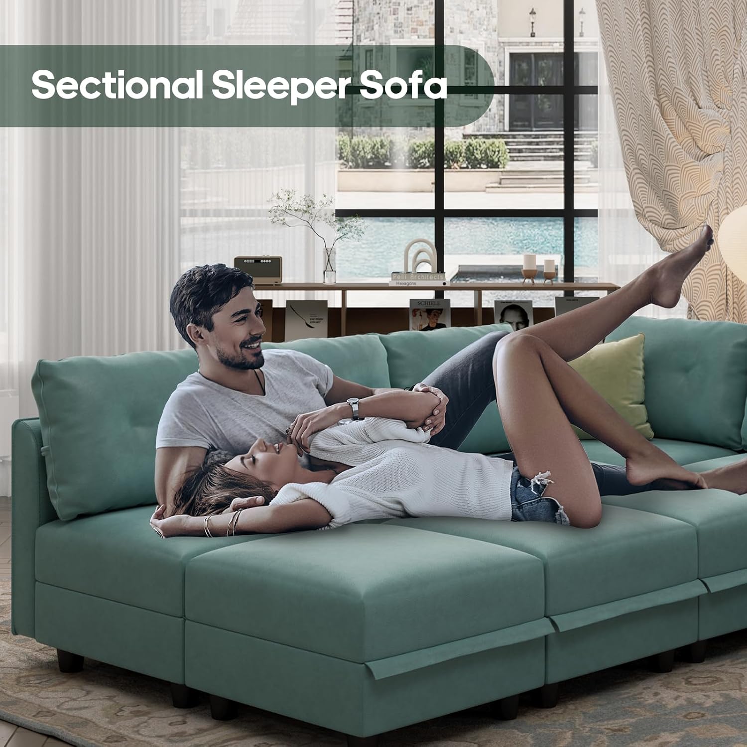 LLappuil Modular Sectional Sofa Faux Leather Sleeper Sectional Couch with Storage Convertible 6 Seats Modular Sofa Bed for Small Space, Aqua Blue