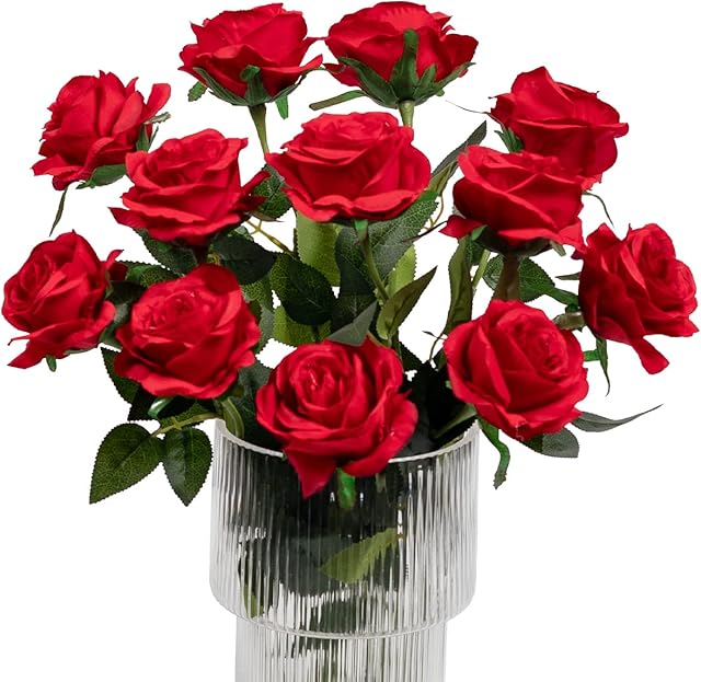 Kisflower 12Pcs Roses Artificial Flowers Realistic Single Stem Flowers Silk Rose Bouquet for Wedding Party Office Home Decor (Red)