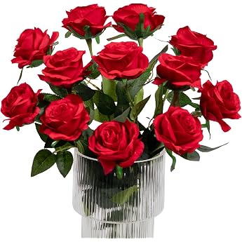 Kisflower 12 x Artificial Roses Flowers Realistic Single Stem Flowers Silk Rose Bouquet for Weddings Parties Office Home Decor Red
