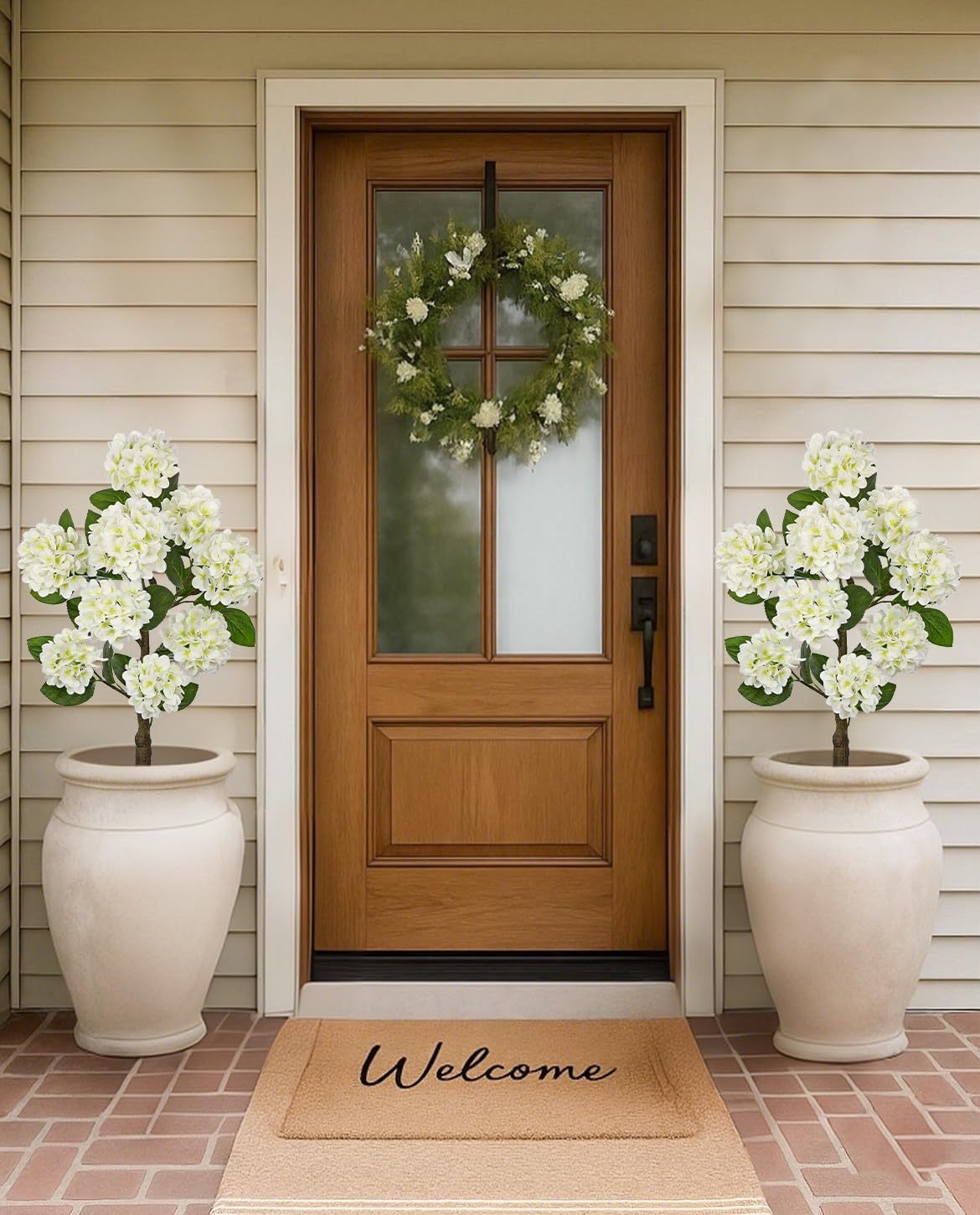 3FT White Hydrangea Artificial Flowers Tree Large Real Touch Faux Silk Hydrangea Plants Potted Fake Flower in Black Pot for Home Indoor Outdoor Front Porch Garden Entrance Living Room Decor, 2 Pack