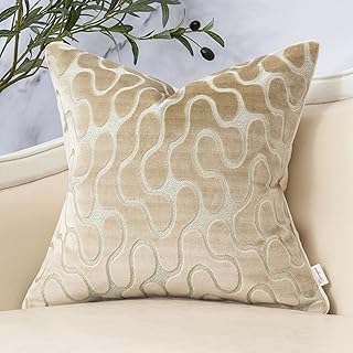 Yangest Beige Square Throw Pillow Cover Wavy Velvet Cushion Cover Modern...