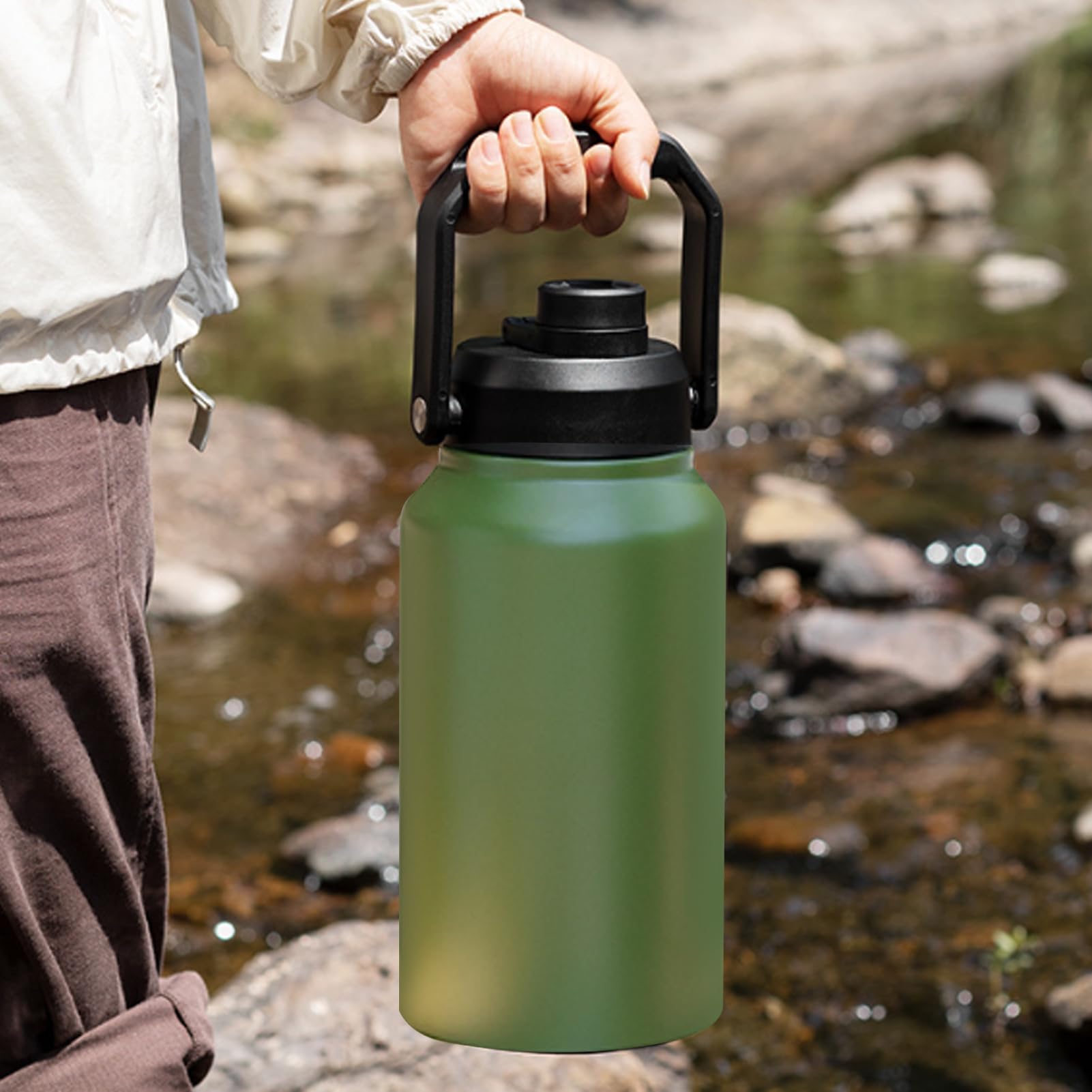 CHICIRIS Botella de Agua con Aislamiento de 3L, Botella Deportiva de Acero Inoxidable para Gimnasio, Boca Ancha, Jarra de Metal Grande para Senderismo y Acampada, Mantiene el Frío 48H (Verde oliva)