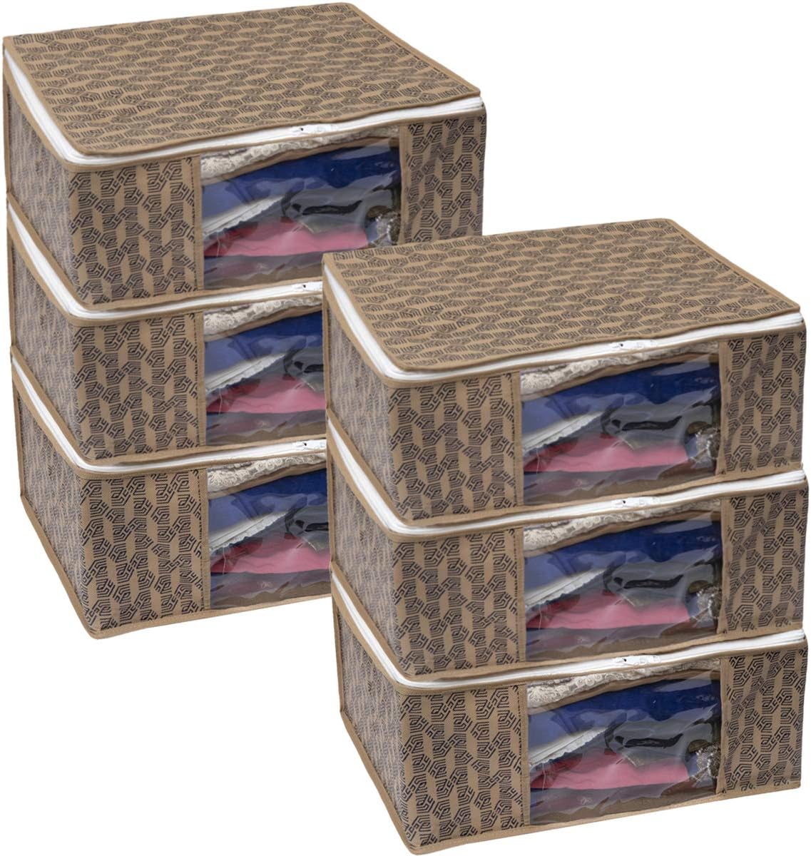 Homestrap Set of 6 Non-Woven Printed Saree Cover/Cloth Storage/Organizer with Transparent Window (Beige)(Featured on Shark Tank)