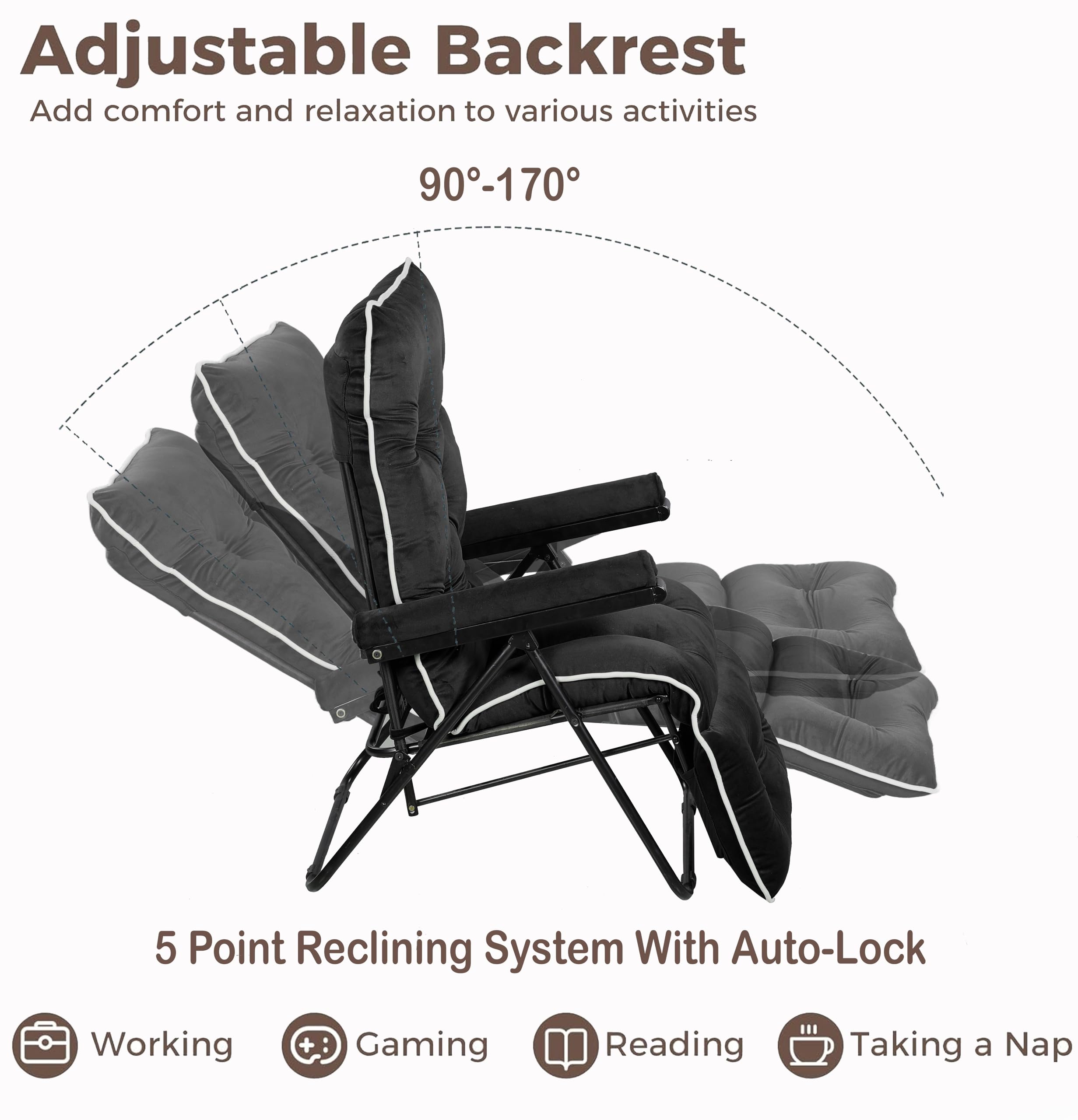 Spacecrafts® Premium Steel Recliner Chair for Home Relaxation | Foldable, Space-Saving Easy Chair with Cushion & Arm Rest | 5 Adjustable Positions Zero Gravity Recliner for Elderly & Sleep | Black 2