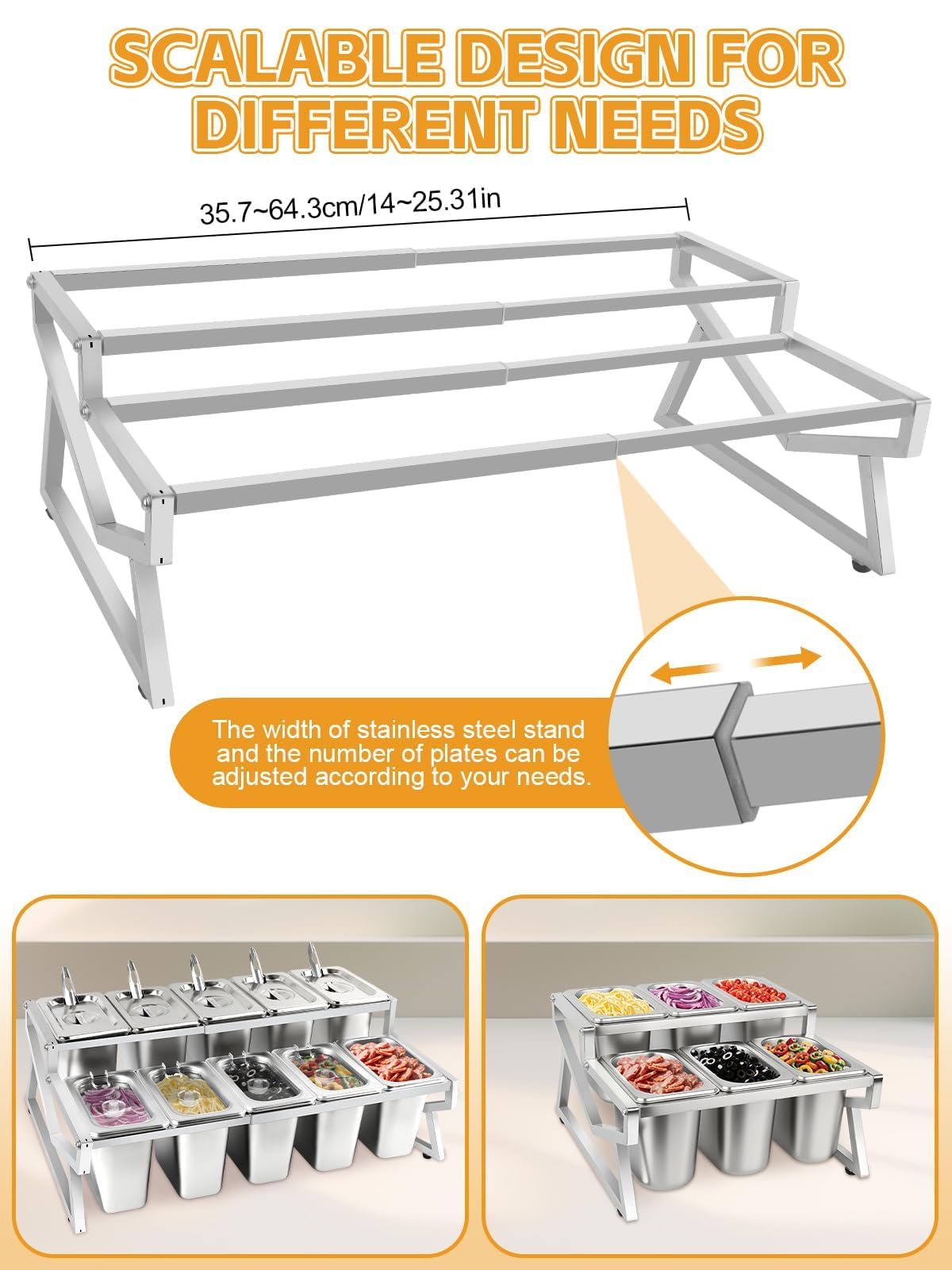 TOROKOM Station de stockage pour garnitures de pizza à 10 bacs, contenants à condiments ajustables en acier inoxydable sur 2 rangées avec couvercles, cuillères, présentoir à glaçons, contenants pour