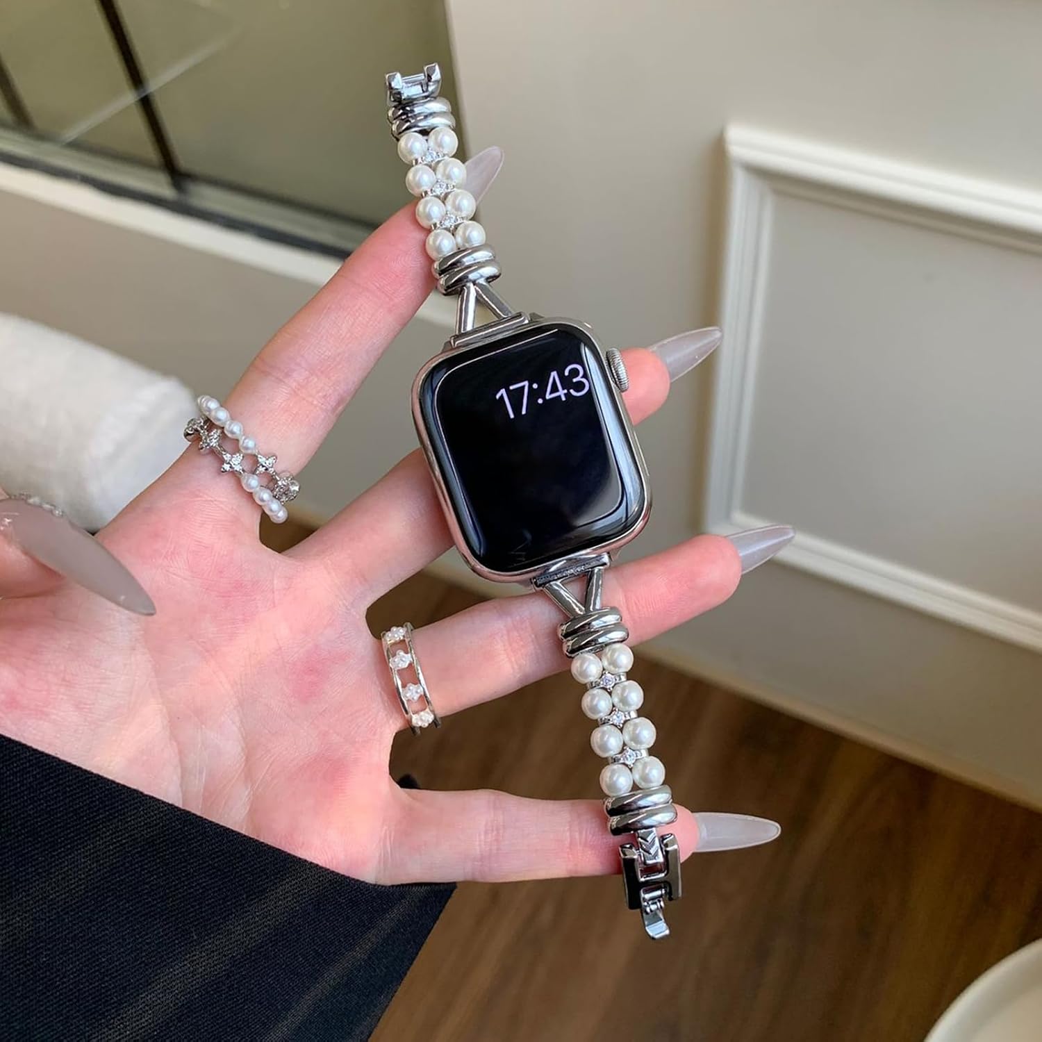 KnFISH Unique Pearl Designer Bracelet for Apple Watch 10 42mm Bands Women-Dressy Iwatch Band Metel Iphone Watch Wrap Compatible With Bling Apple Watch Series 10 9 8 7 6 5 4 3 2 1 se band 38/40/41mm