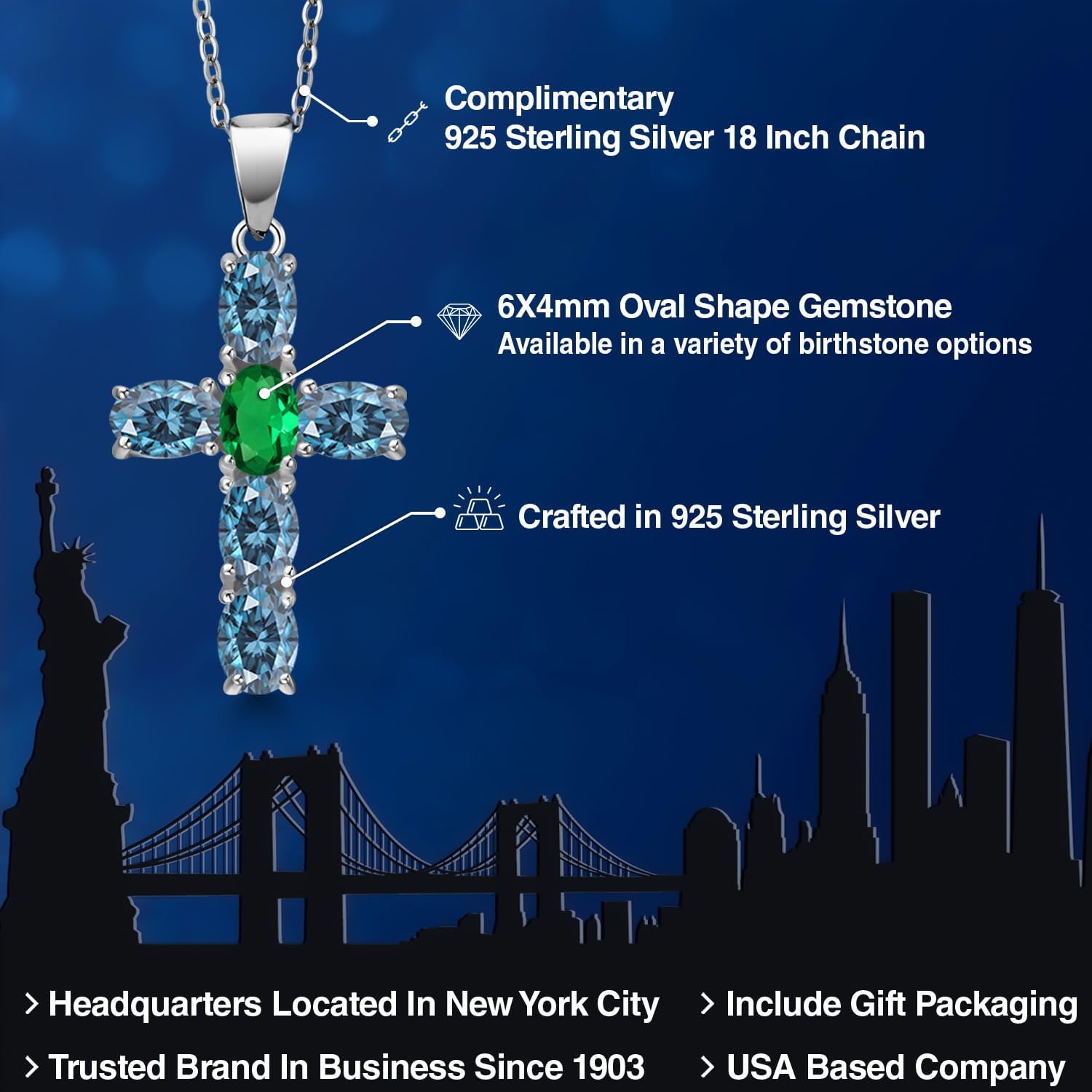 Gem Stone King 925 Sterling Silver Persian Blue Moissanite and Green Nano Emerald Cross Pendant Necklace for Women | 2.65 Cttw | Gemstone Birthstone | Oval 6X4MM | With 18 Inch Chain