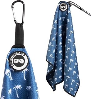 Magnetic Golf Towel with Carabiner Clip & Extra Strong Magnet - 24 x 16 in. Waffle Microfiber Golf Bag Towel - Blue Golf Towels for Golf Bags Women & Men (Blue, Palm Trees)