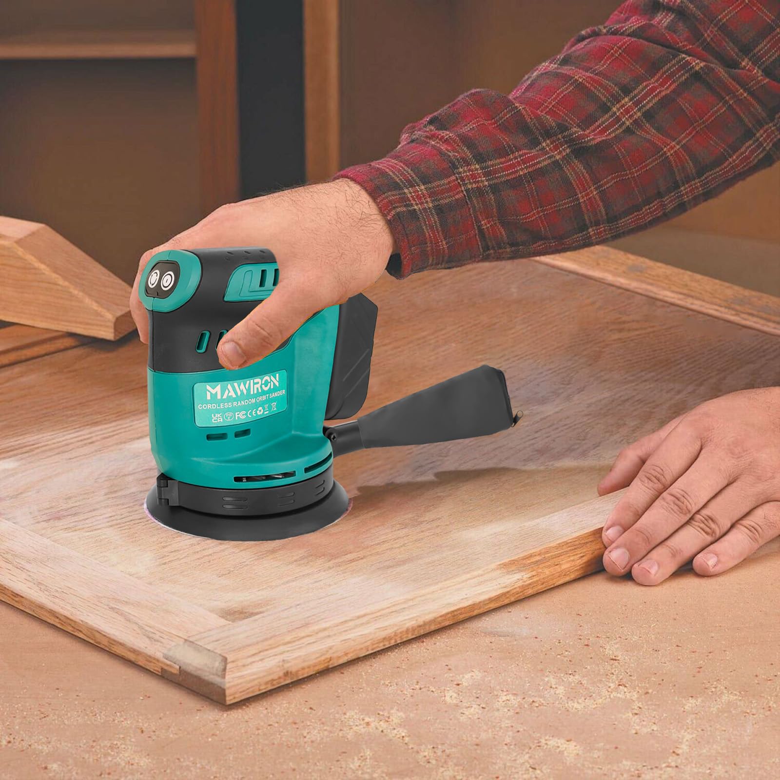 Akku Exzenterschleifer 125mm, Ersatz für Makita DBO180Z, Bürstenloser Akku Schleifer mit 2x 18V 3000mAh Akku und Ladegerät, 12X Schleifpapier(P120/P180/P240), 3 Leistungsstufe, zum Schleifen Polieren