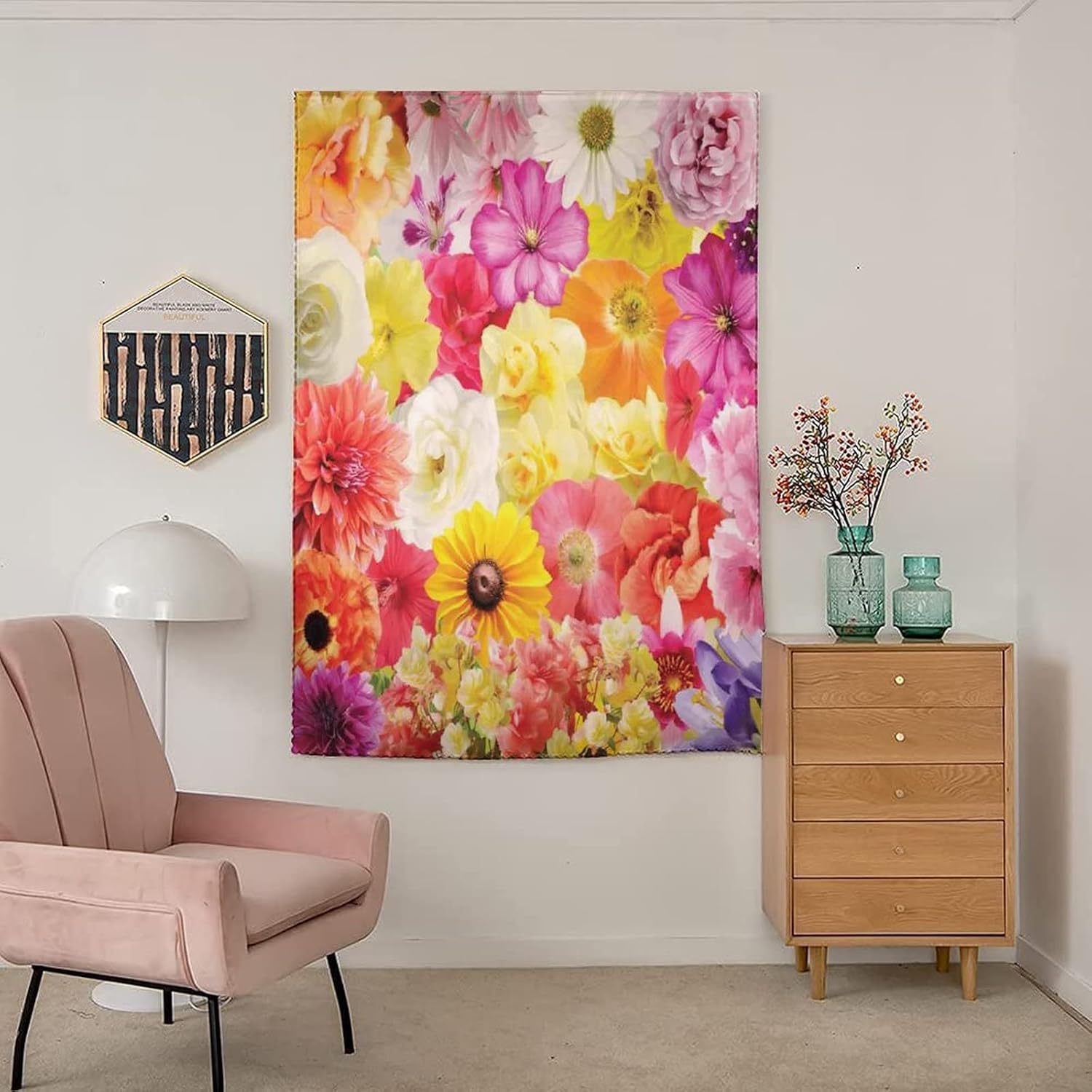 XISUNYA Self Adhesive Portable Blackout Curtains, Watercolor Flower Room Darkening Curtains, Colorful Flowers Dahlia Botanical Cheering Print Temporary Blackout Blinds,47W x54L Inch