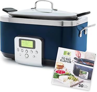 GreenPan Elite 8-in-1 Programmable 6 Quart Electric Slow Cooker, GlassLid & Removable Crock, PFAS-Free Healthy Ceramic Nonstick Multi-Cooker,Sear, Saute/Brown,Roast, Cobalt Blue + Slow Cooker Cookbook