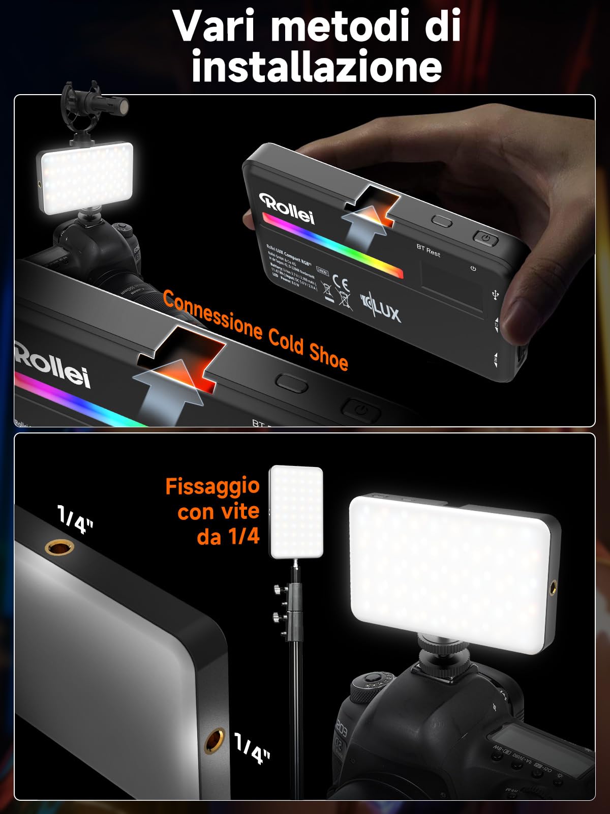 Luce Led Fotografia, Rollei Lumis Compact RGB Faretto Video Fotografiche Portatile 125g 98 CRI/TLCI con 13 Effetti e Batteria Ricaricabile per Macchina Fotografica, Faretto-Luce-Fotografia-LED-Video