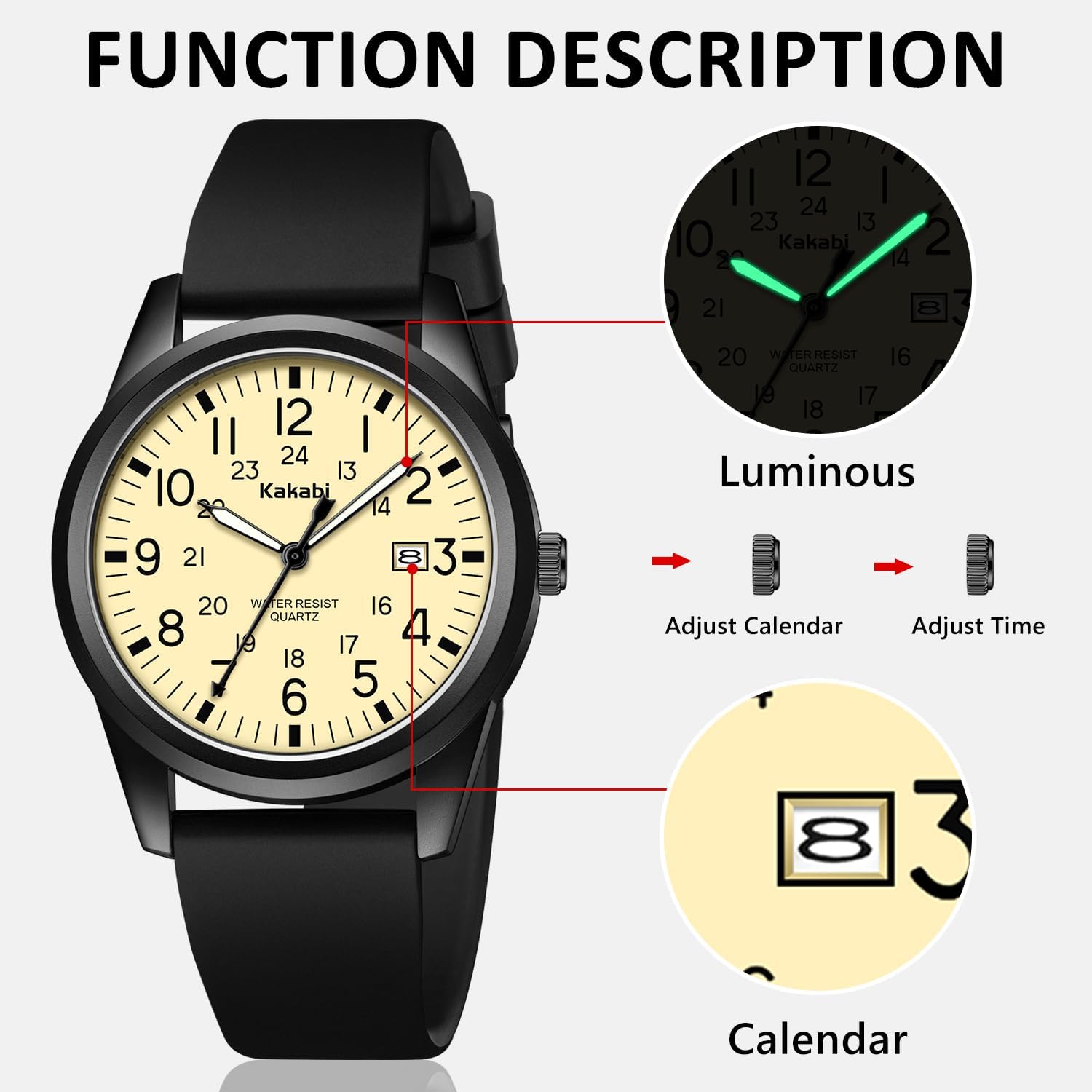 Men's Easy to Read Watch, Unisex Military Sport Analog Quartz Casual Wristwatch with Comfortable Silicone Strap, 24 Hour Time, 30M Water Resistance