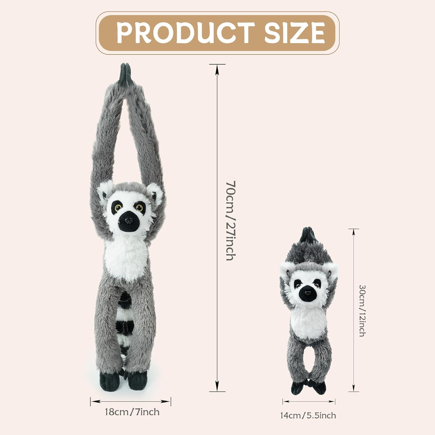 2pcs Lemur Hanging Stuffed Animal Mother with Baby Hangs Plush Toys, Hooks and Stuffed Animals with Rings for Kids, Gifts for Boys and Girls