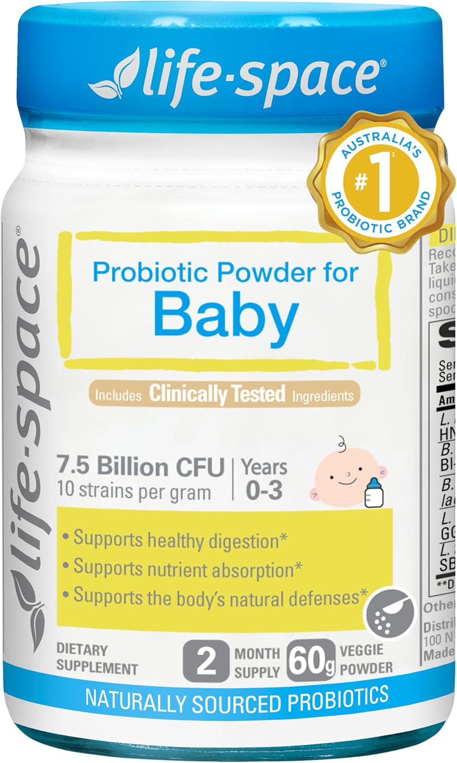 Life-Space 60 Grams, for 0-36 Month Baby, 7.5 Billion CFU & Multi Strain, Balance Microflora, Supports Digestive Health & Nutrient Absorption & Immunity, No Refrigeration Probiotic Powder for Baby