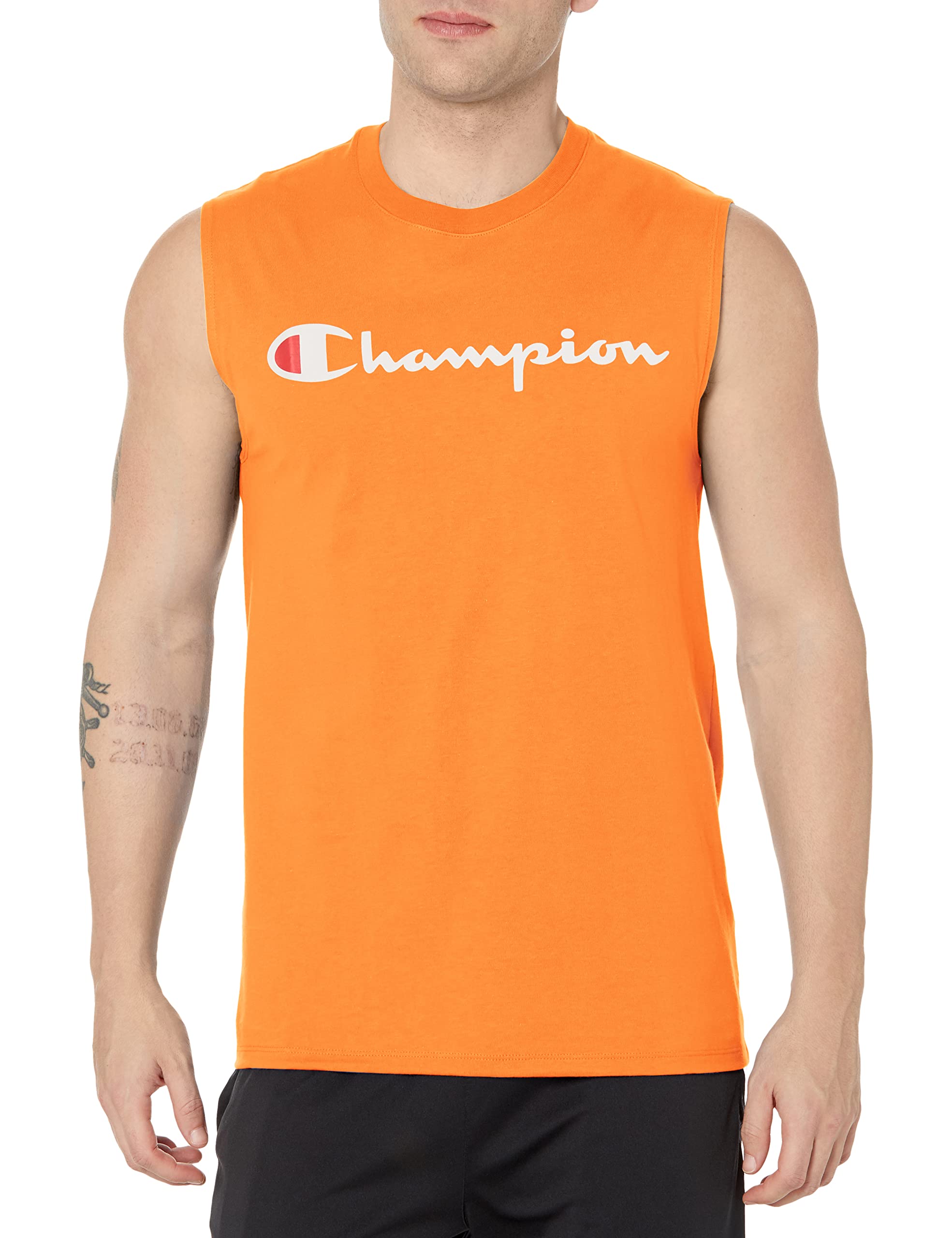Champion Men's Classic Jersey Muscle Tee, Script Logo, Capri Orange Script, S
