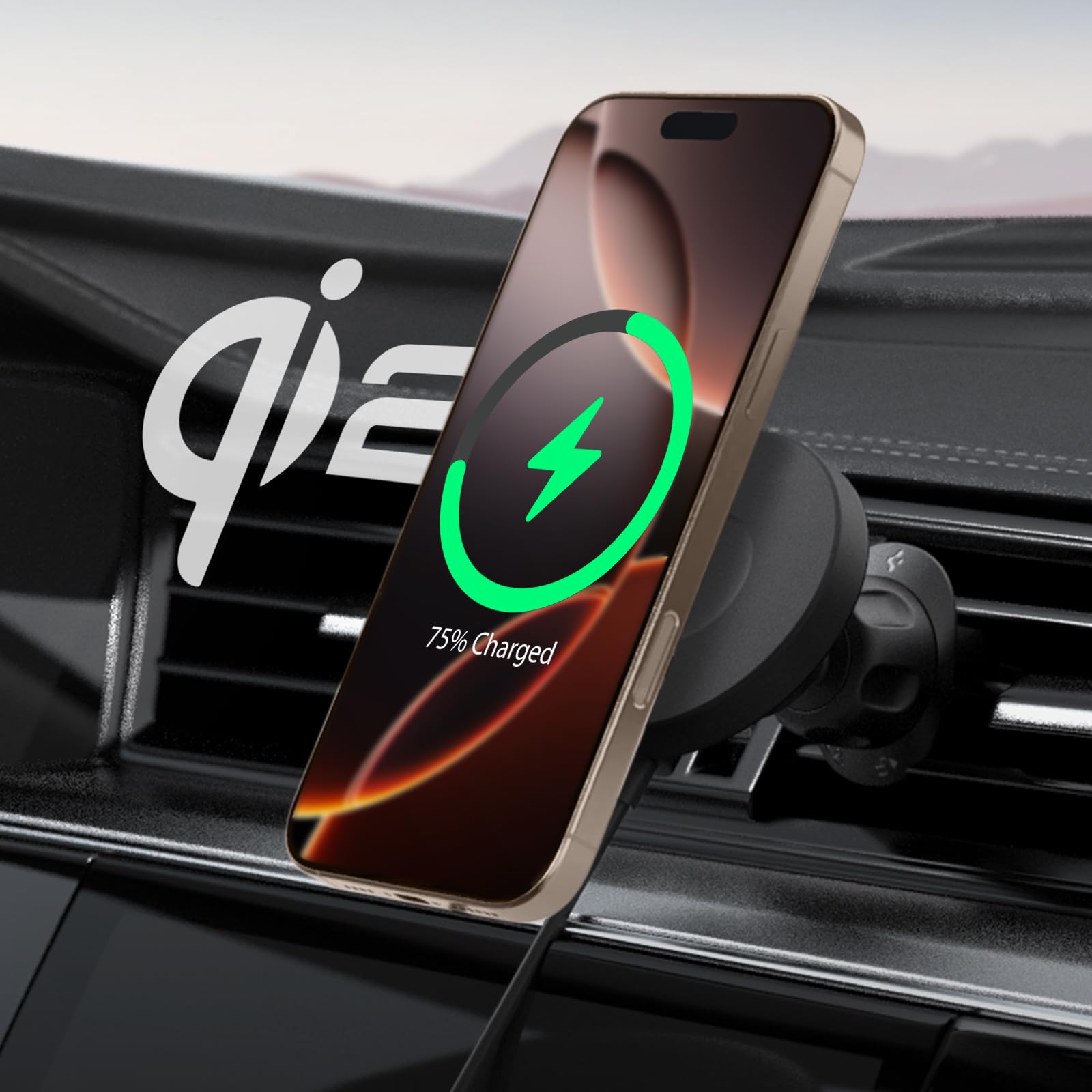 Spigen OneTap Pro 4 MagFit Qi2 15W Cargador Inalámbrico MagSafe Rápido para Montaje en Automóvil, Soporte para Teléfono para Automóvil, Compatible con iPhone 16, 15, 14, 13, 12 Series - Ventilación