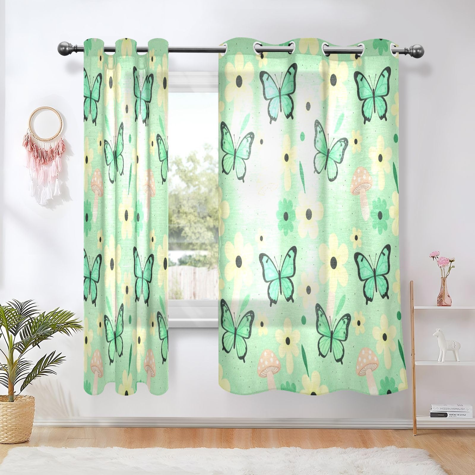 Cortinas decorativas opacas con flores verdes, mariposas, hongos, cortinas para oscurecer la habitación, 160 cm de largo, 2 paneles