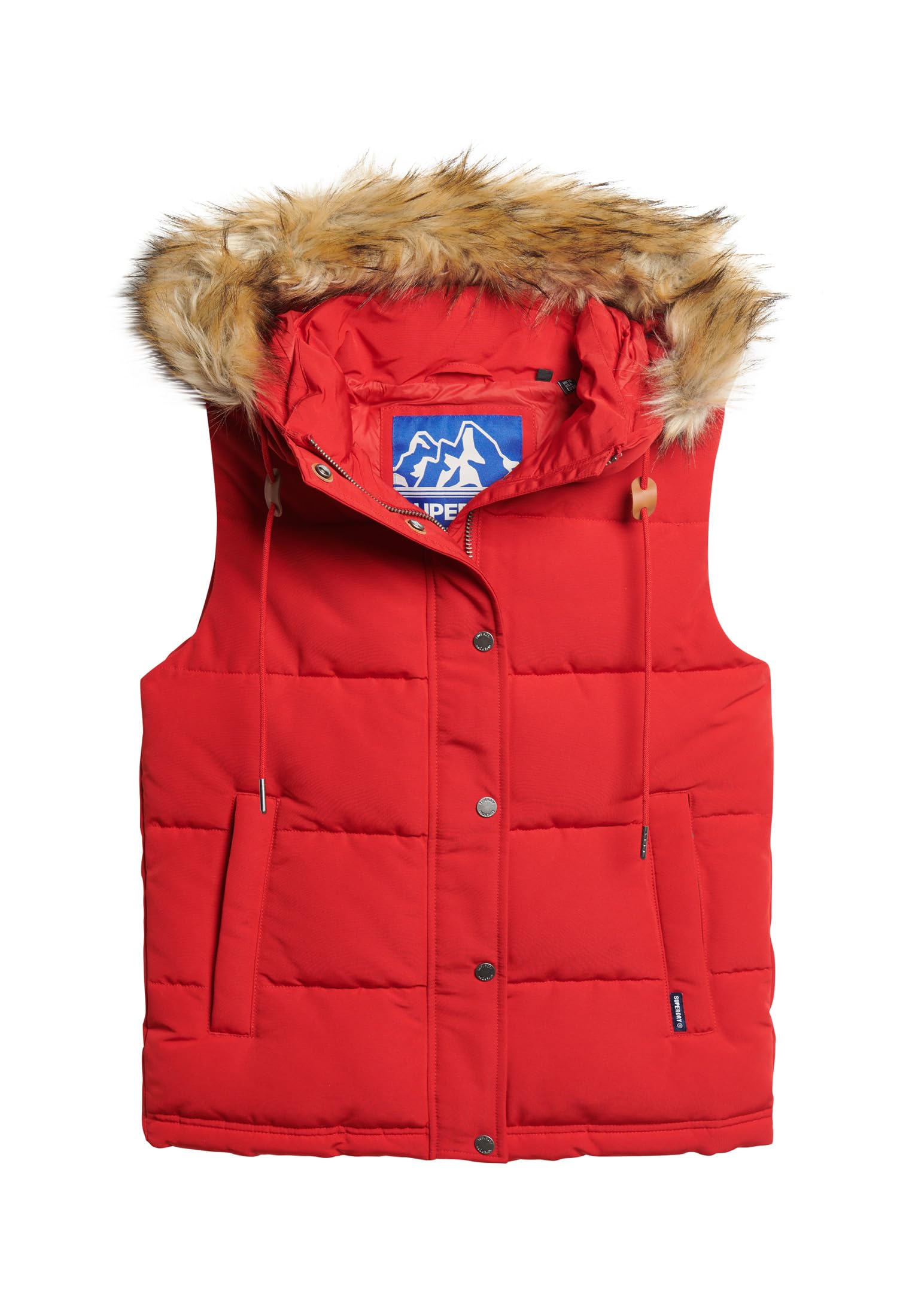 Superdry Women's Varsity Red Everest Faux Fur Puffer Gilet Jacket, Uk Size 14