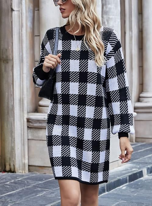 Knitted Plaid Sweater Dress Crew Neck 