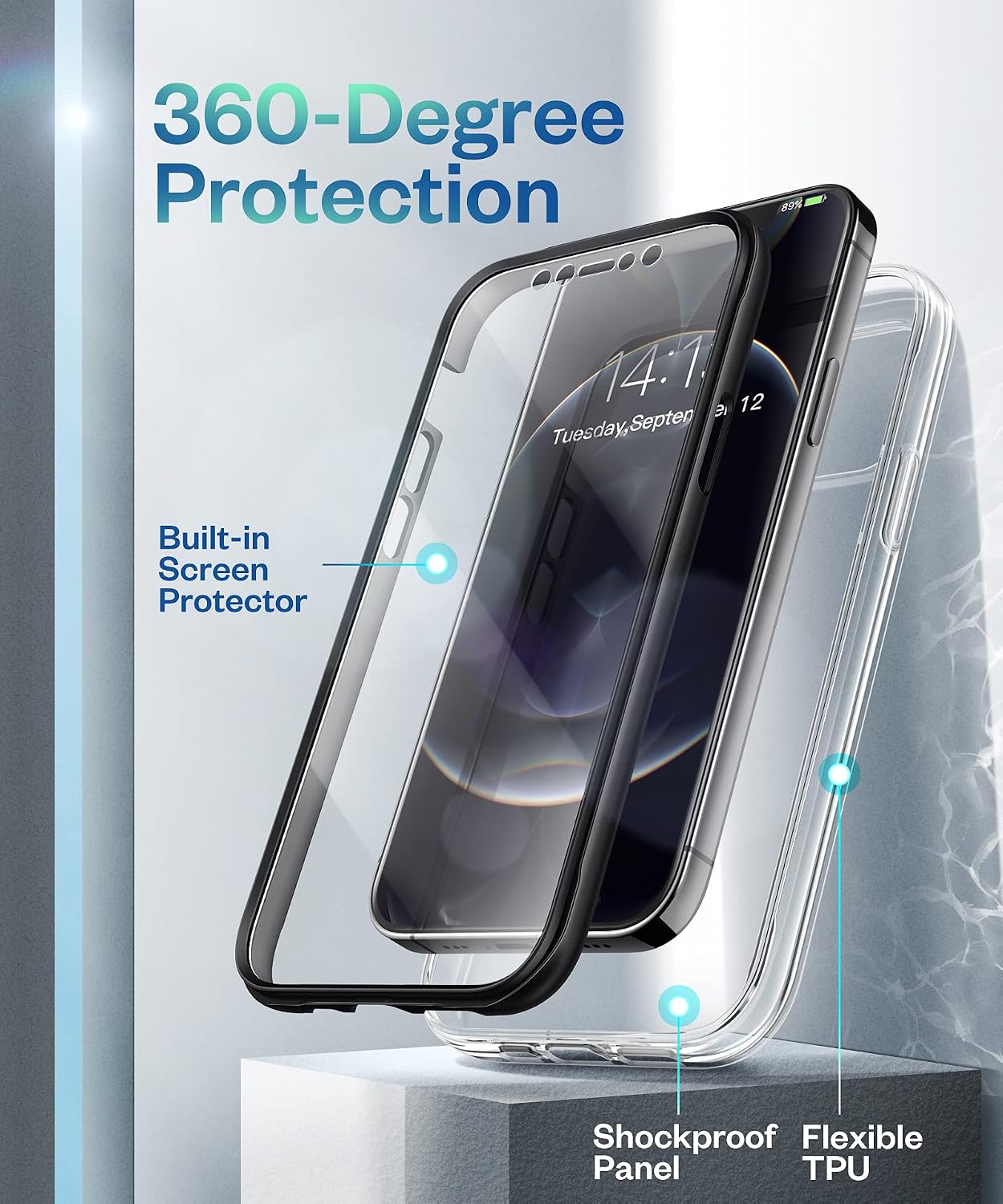 GVIEWIN Clear Compatible with iPhone 12 Pro Max Case 6.7 inch 2020, [Built-in Screen Protector] [Non-Yellowing] 360 Full Body Shockproof Protective Ultra Slim Phone Cover (Black)