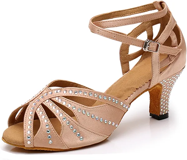 ZengyeZoo Comfortable Dancing Heels for Women Satin Party Wedding Sandals with Rhinestone