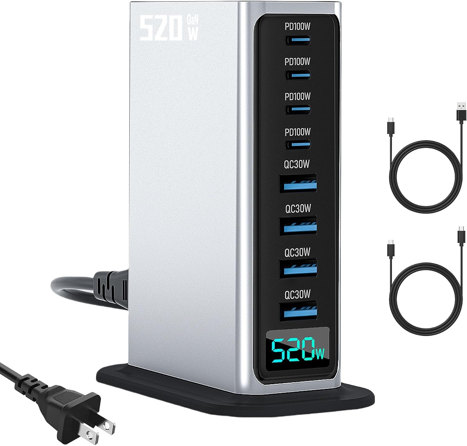 520W USB C Charger Block, PD 100w Type C & USB A Laptop Cell Phone Charger Adapter，8 Ports GaN Fast Charging Station Hub, for MacBook Air/Pro, iPhone, iPad, Game Consoles, Travel Home Office Use